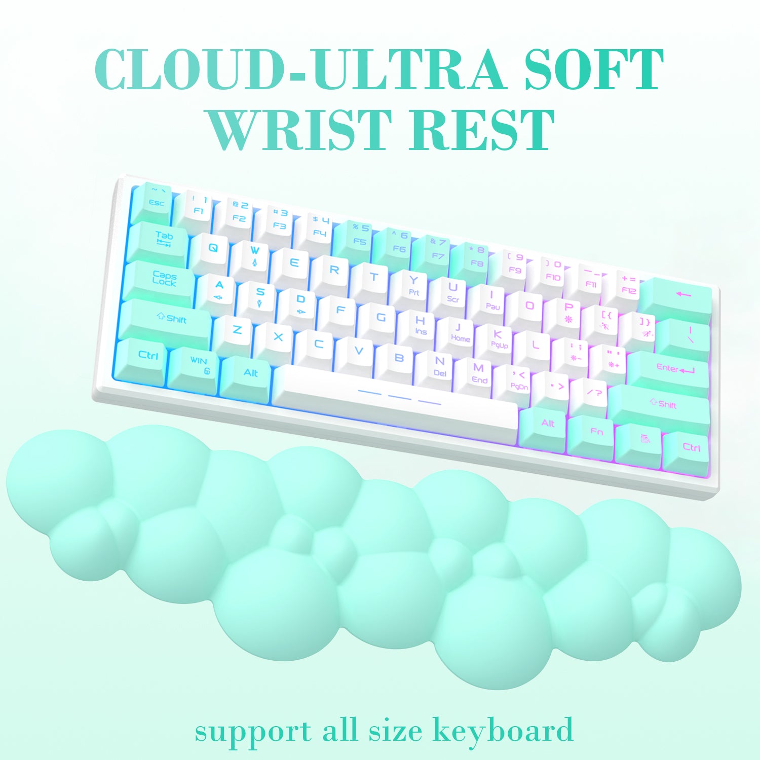 Cloud-shaped ultra-soft wrist rest in mint green supporting a mechanical keyboard.