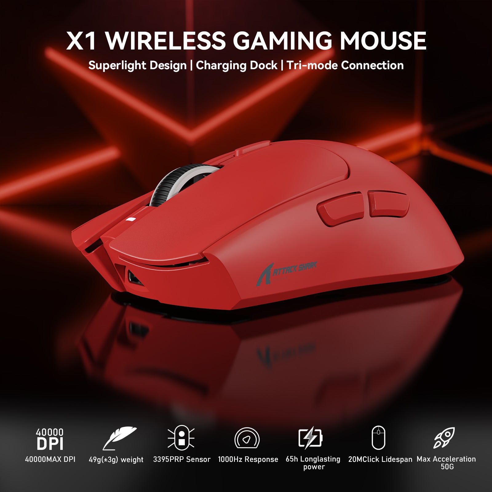 Ratón para juegos ATTACK SHARK X1 de tres modos con panel táctil RGB y base de carga PAW3395PRO Sensor
