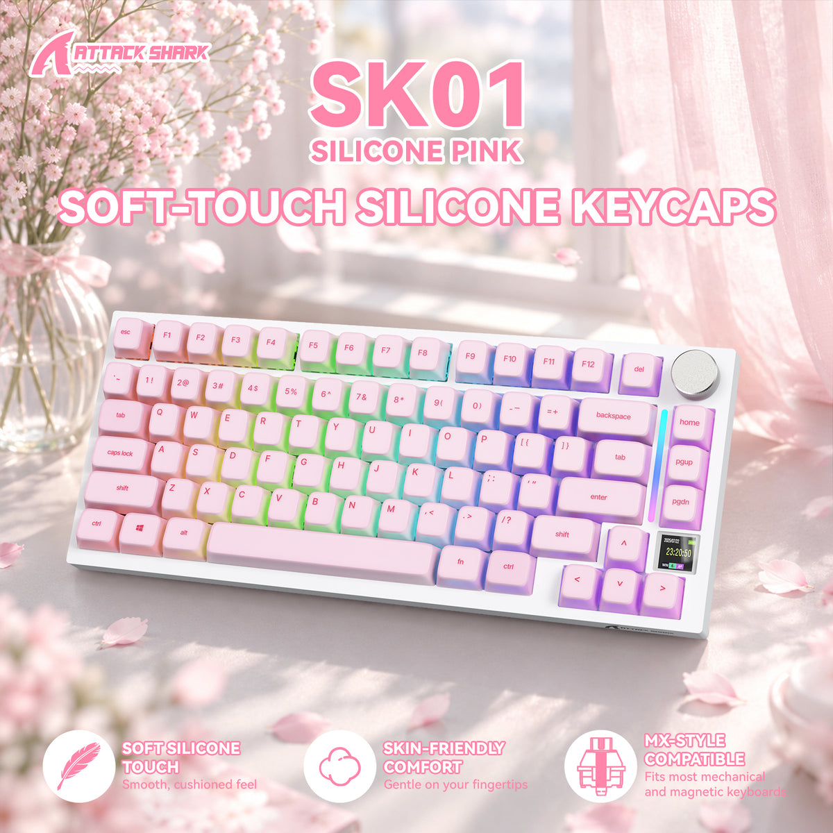 ATTACK SHARK SK01, juego de 113 teclas con teclas de silicona, perfil Cherry, ANSI, rosa