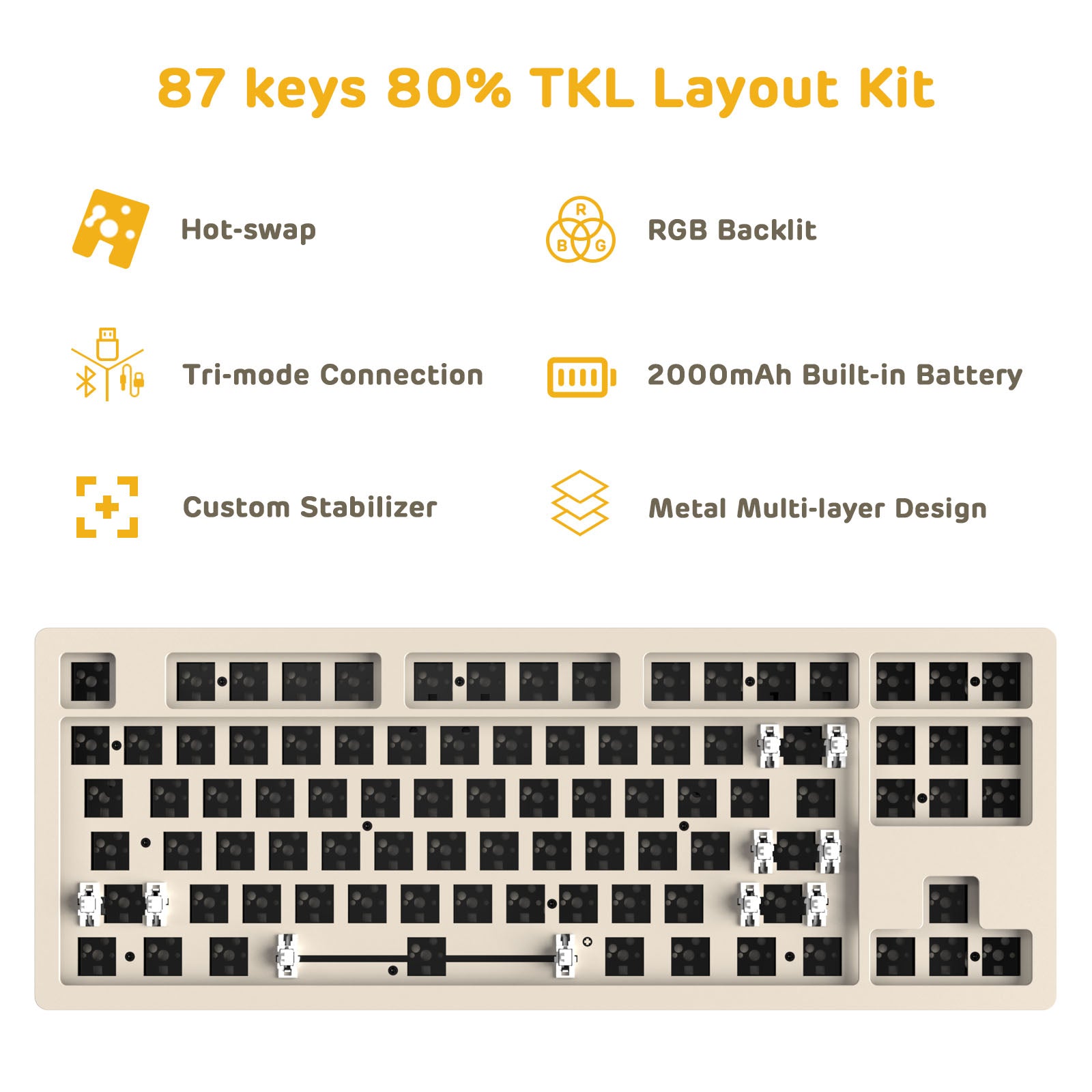 AJAZZ AKC087 keyboard layout with hot-swap keys, RGB backlight, and tri-mode connection features.