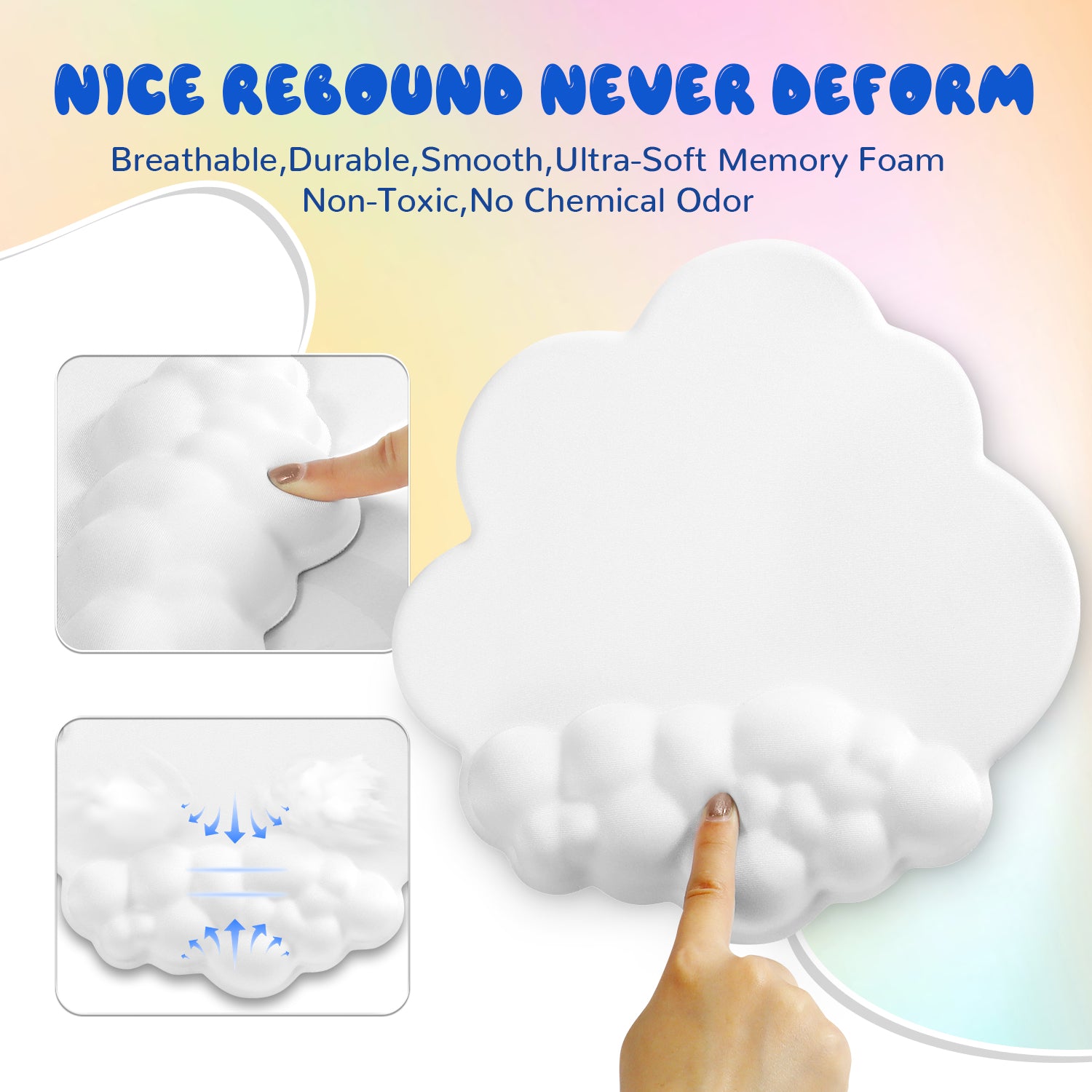 Ultra-soft memory foam cloud mouse pad with ergonomic wrist support and breathable design.