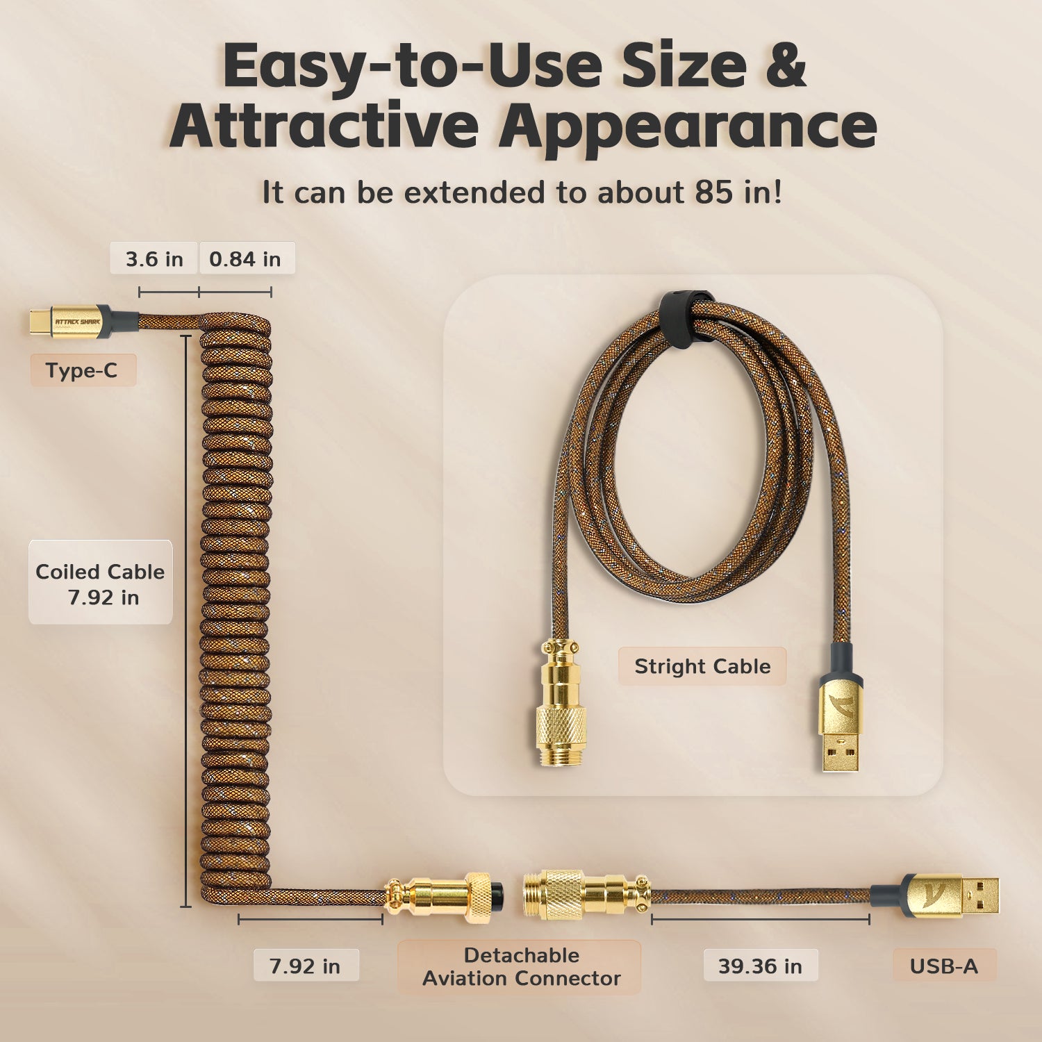 C03 USB-C coiled keyboard cable dimensions: 7.92 in coiled, 39.36 in straight.