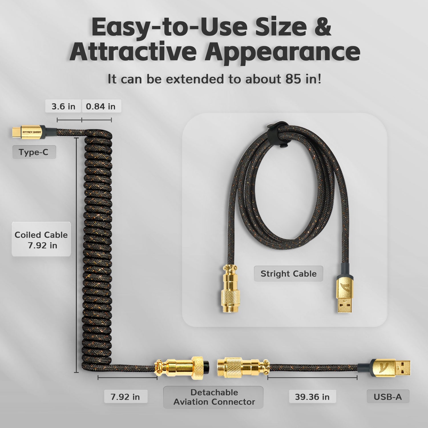 C03 USB-C coiled keyboard cable with gold connectors and woven black mesh design