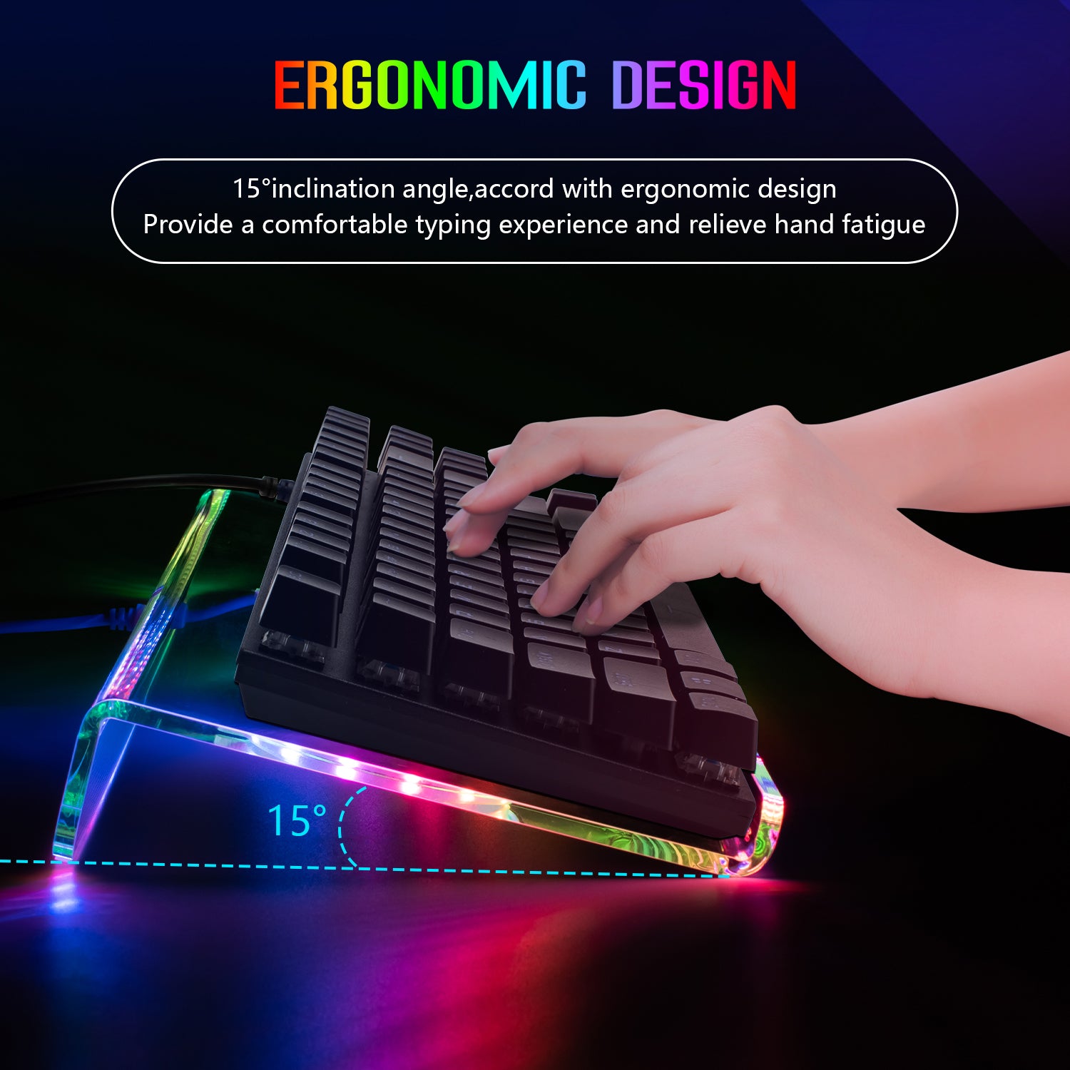 Ergonomic RGB keyboard holder with hand typing at a 15° angle, showcasing vibrant backlighting.