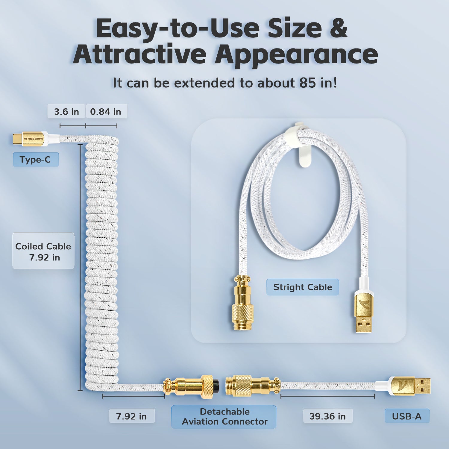 Dimensions of C03 USB-C coiled keyboard cable: 7.92 in coiled, 39.36 in straight.