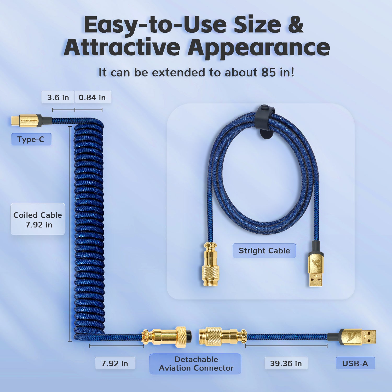 C03 USB-C coiled keyboard cable with detachable aviation connector and blue woven mesh.