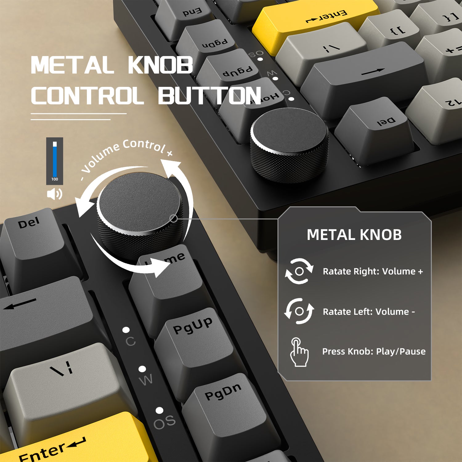 Volume control knob on AK820 keyboard with play/pause function and yellow accents