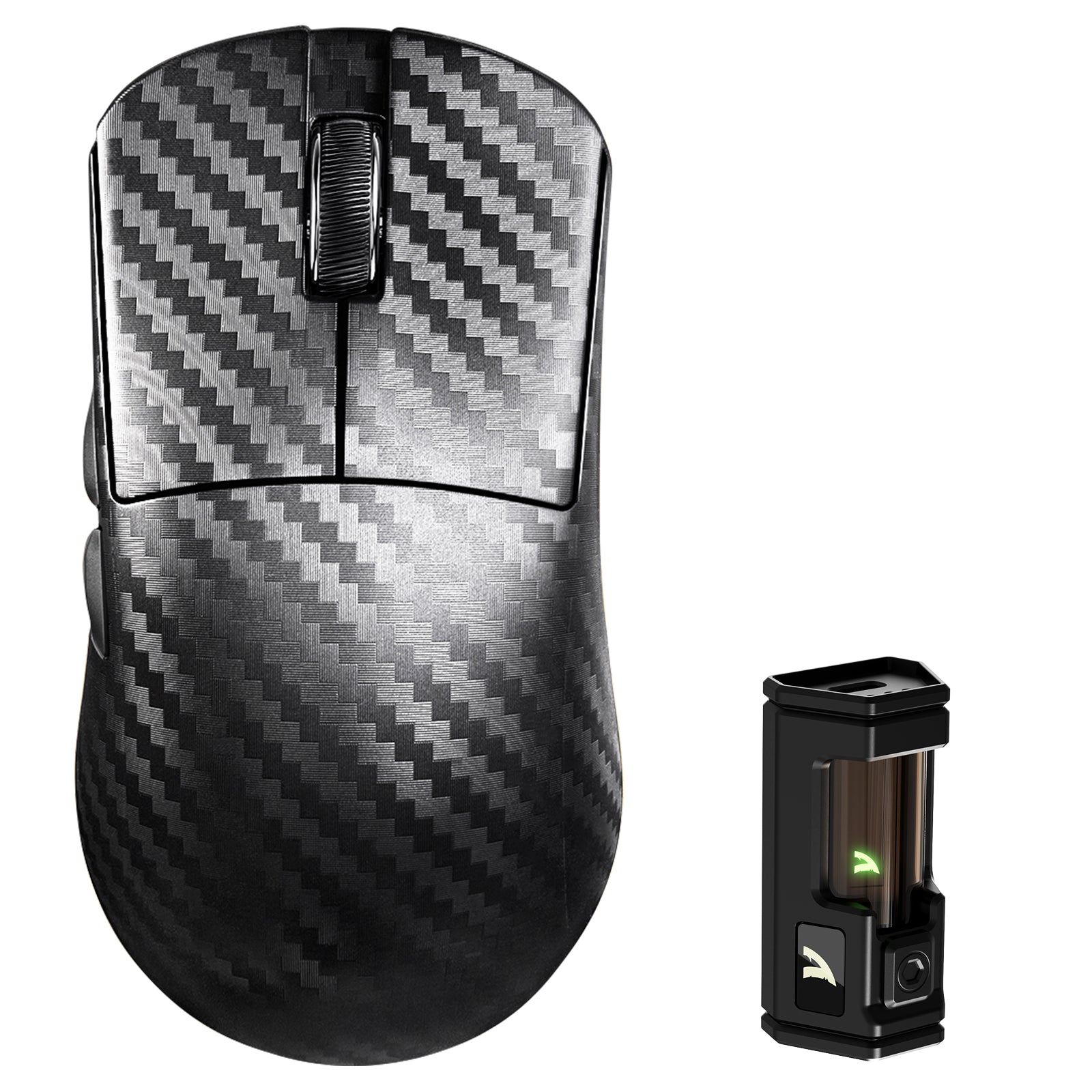 ATTACK SHARK R11 ULTRA carbon fiber gaming mouse and wireless receiver.
