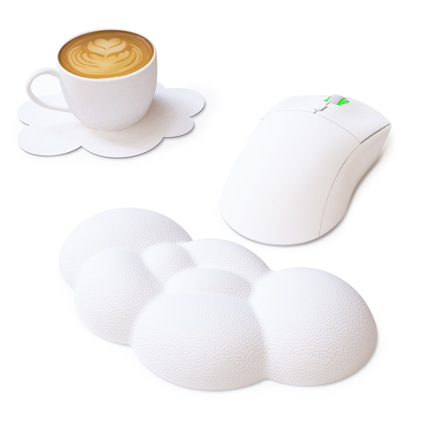 Cloud-shaped wrist rest and coaster set with white gaming mouse and coffee cup