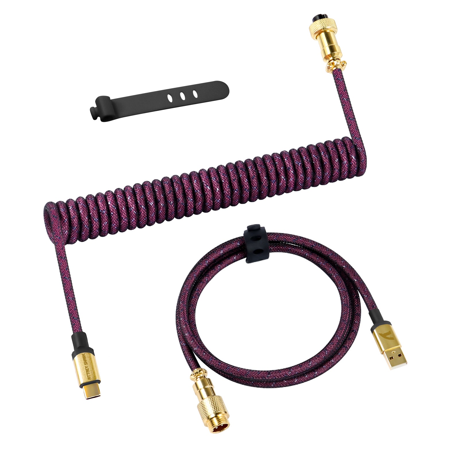 Purple coiled USB-C keyboard cable with gold connectors and tangle-resistant design.