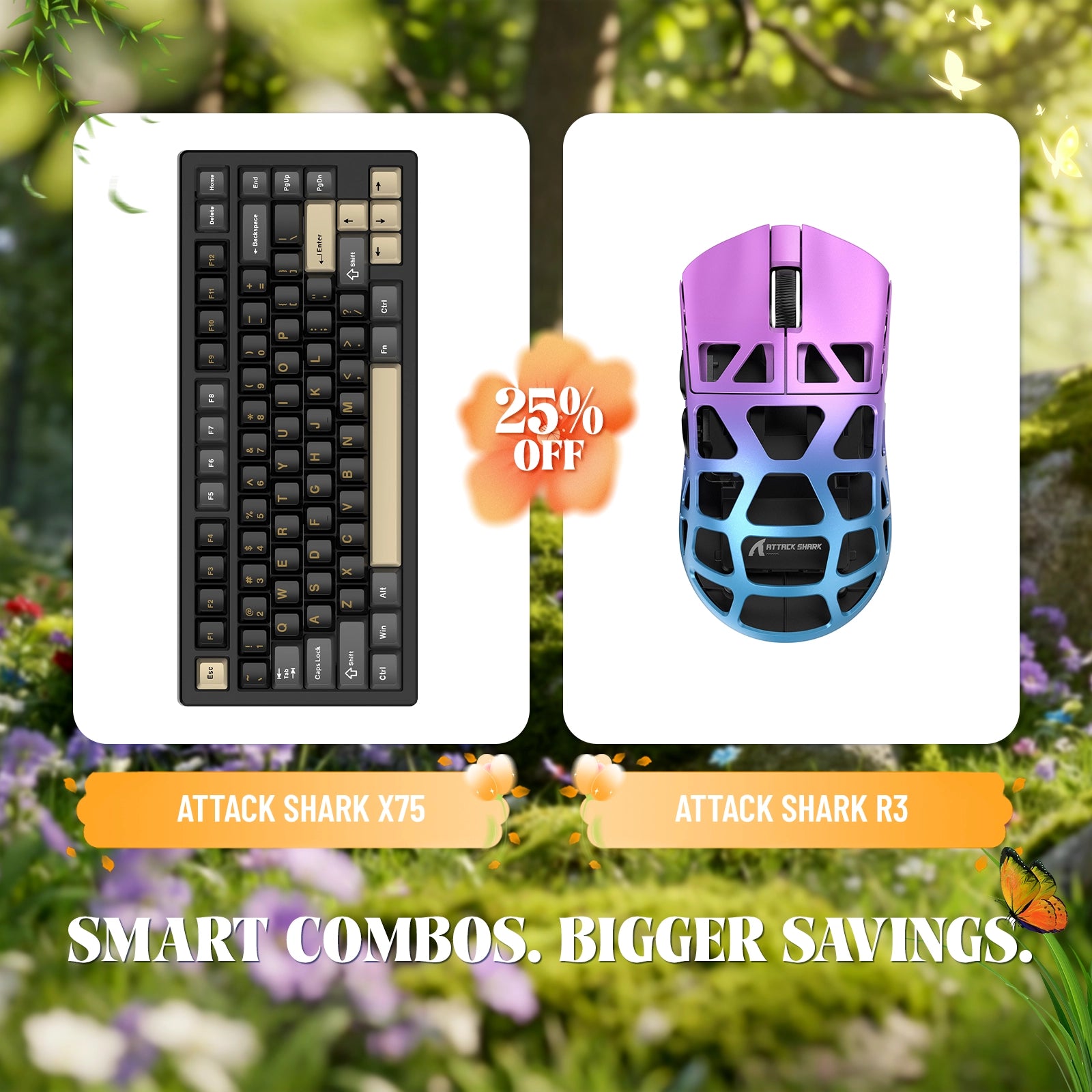Attack Shark X75 keyboard and R3 gaming mouse bundle, 25% off promo.