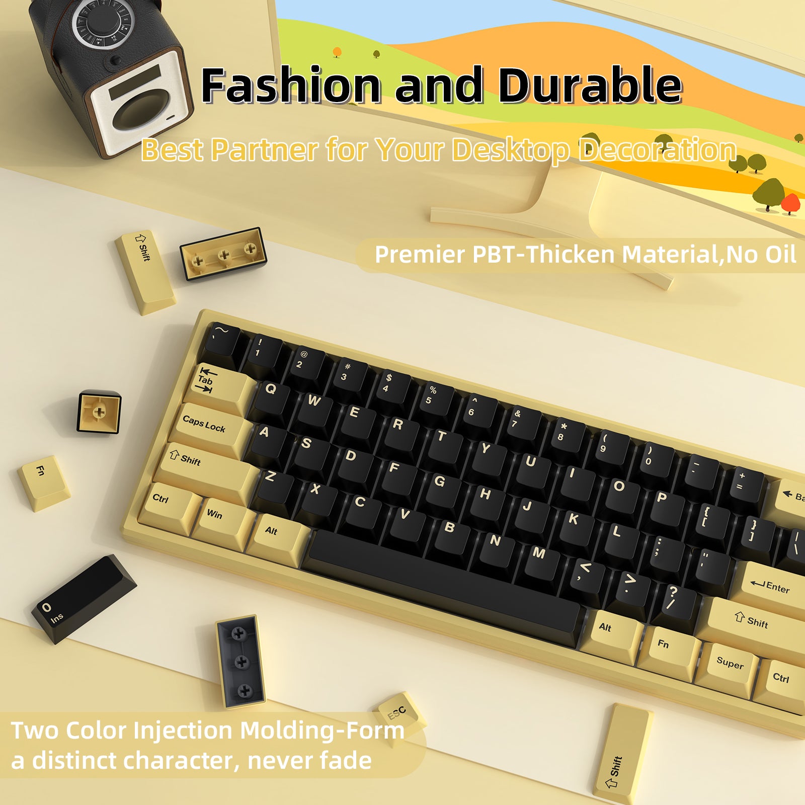 Stylish black and gold PBT keycap set for enhancing your desktop aesthetics.