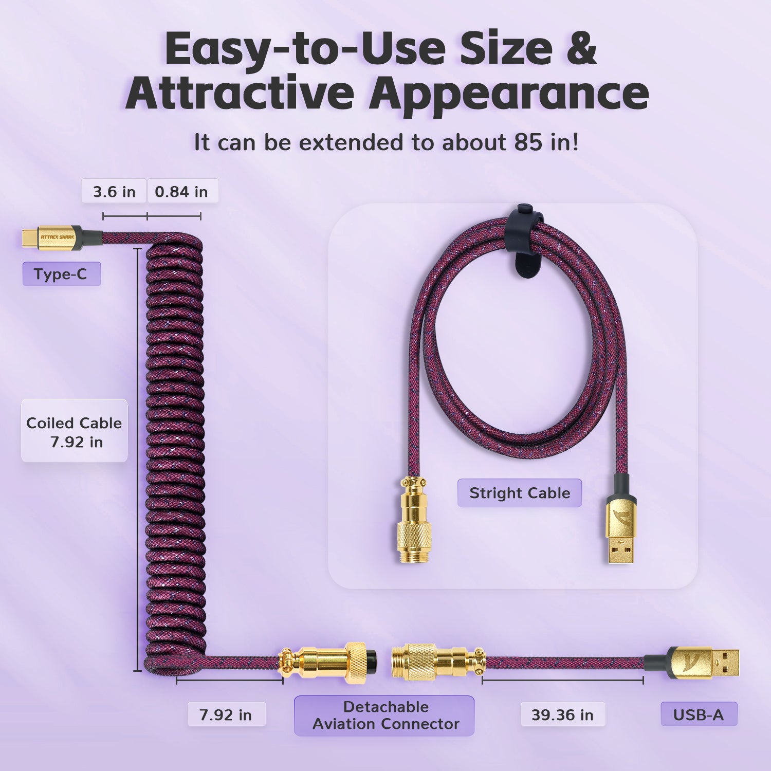 C03 USB-C coiled cable with gold connectors, extendable to 85 inches, in purple design.