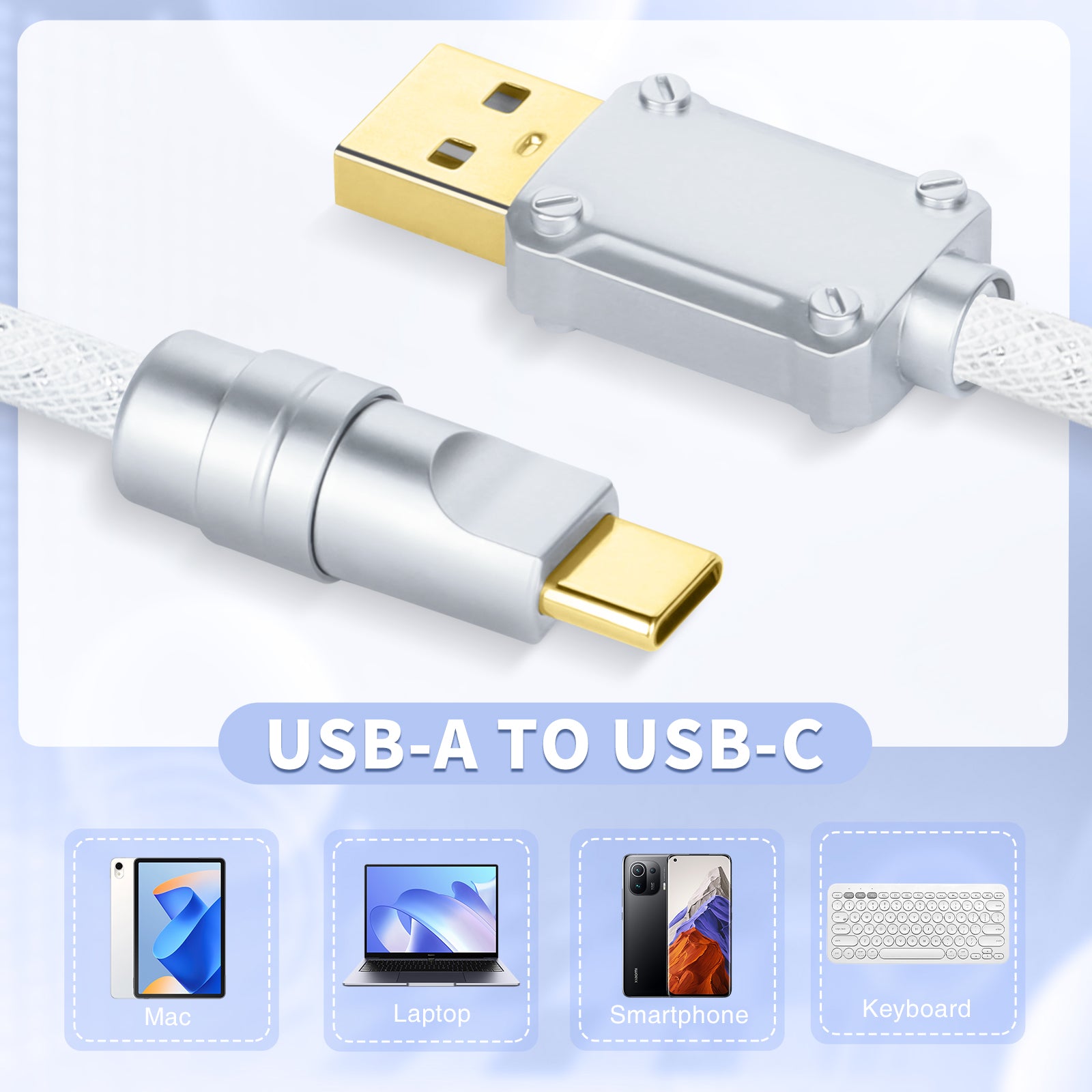 White braided USB-A to USB-C cable with detachable design and gold connectors for versatile use.