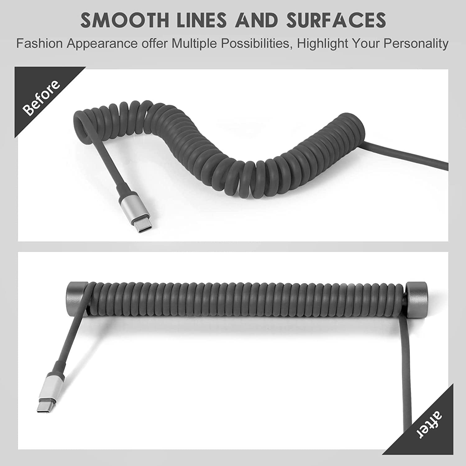 Before and after of a coiled USB C cable organized with a gold aluminum winder.