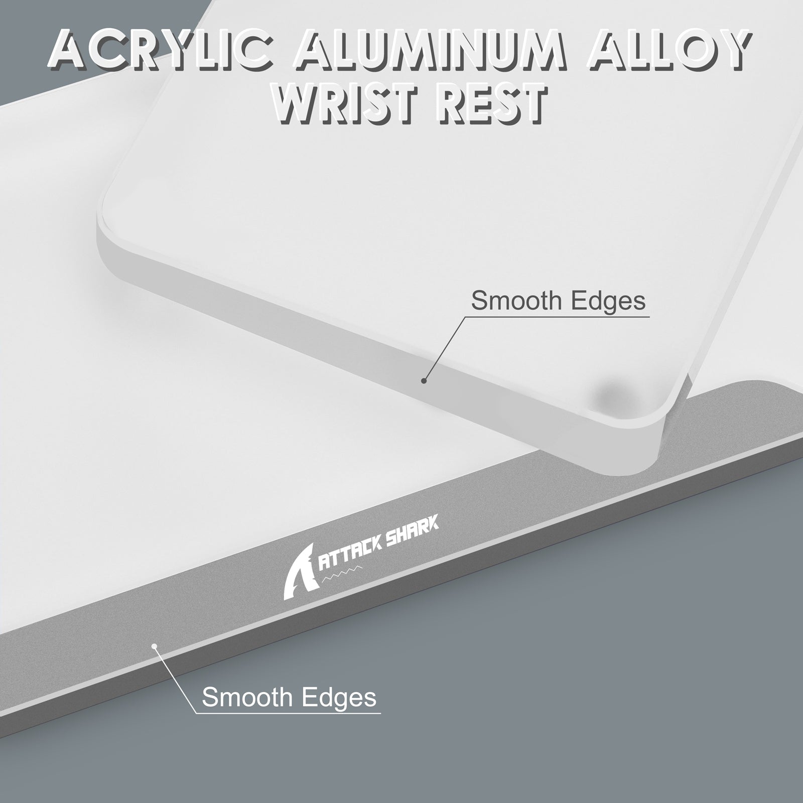 Acrylic wrist rest with smooth edges and aluminum alloy base, featuring Attack Shark logo.