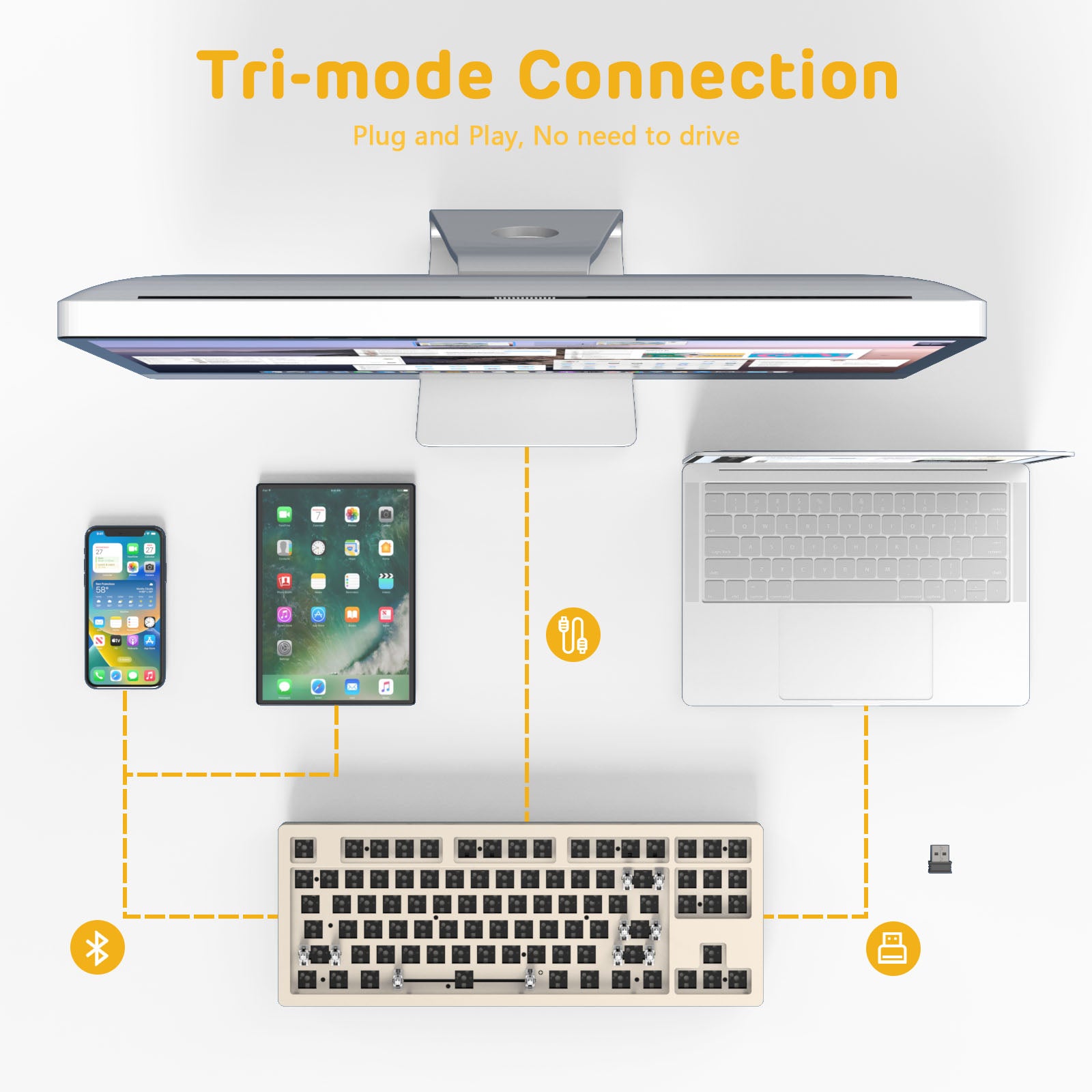 Tri-mode connection showcasing AJAZZ AKC087 keyboard with devices and plug-and-play setup.