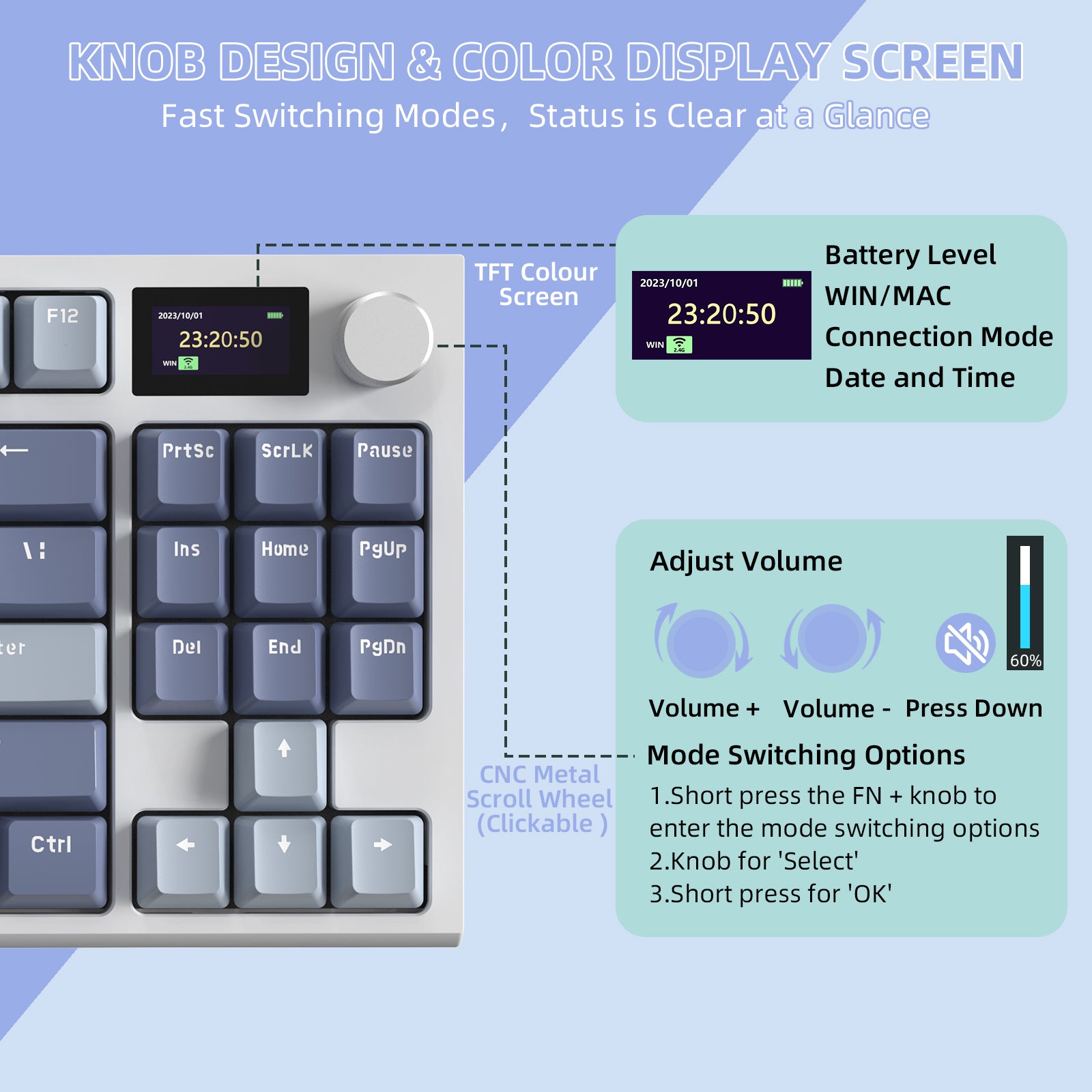 K86 keyboard with TFT display showing battery level and connection status