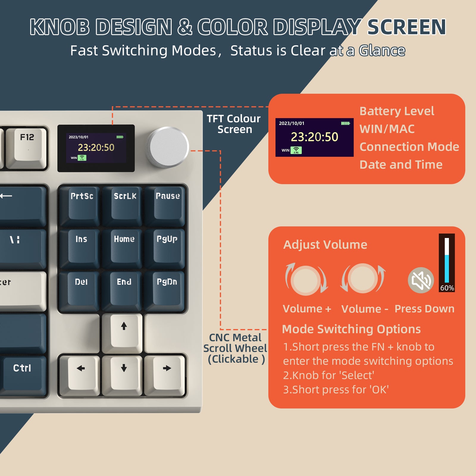 TFT color display on Attack Shark K86 keyboard showing battery level and connection status