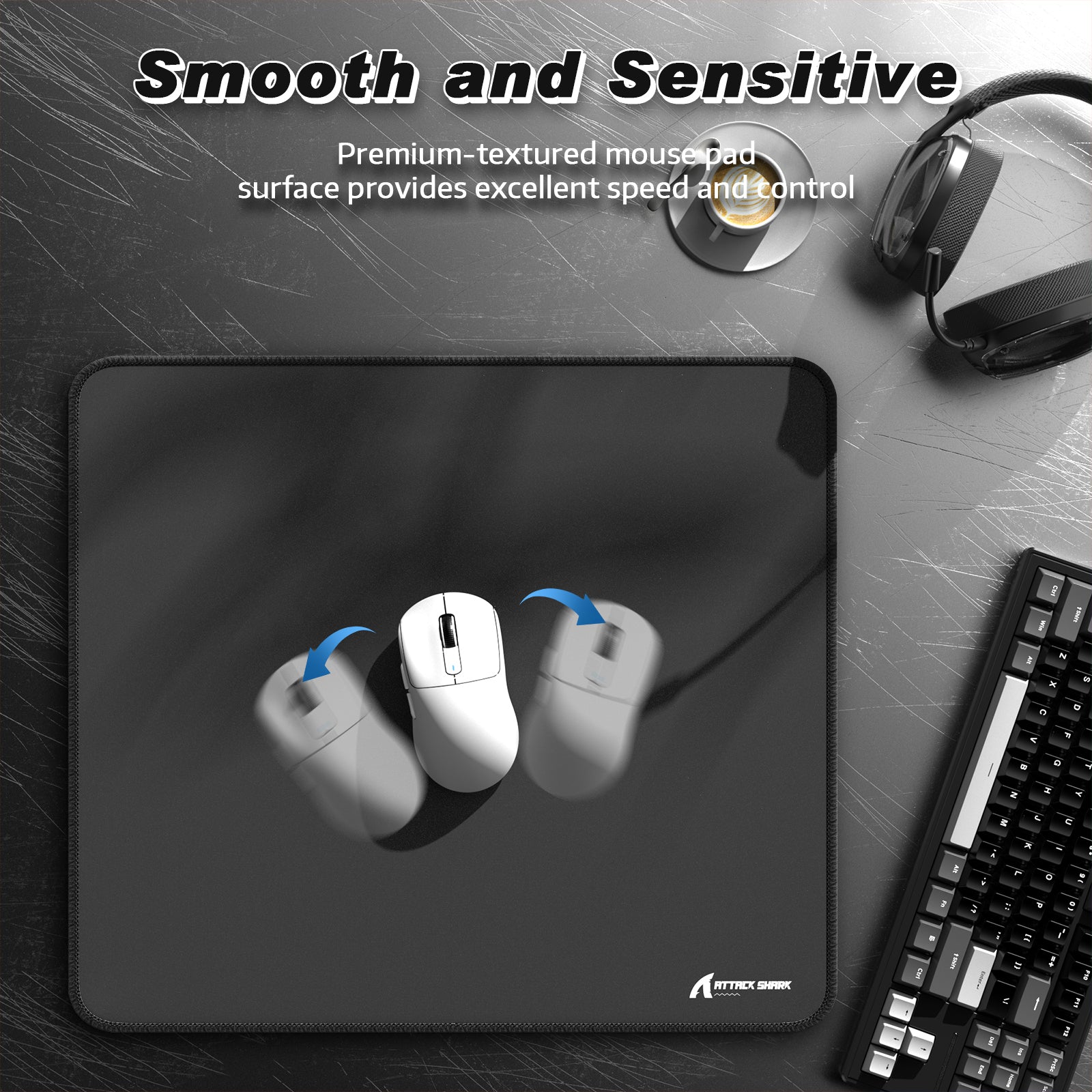 Black Attack Shark mouse pad with white gaming mice, premium surface for speed and control.