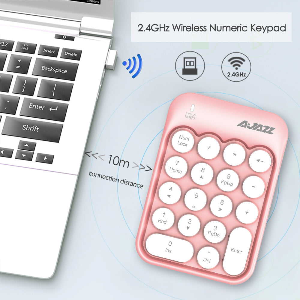 Pink 2.4GHz wireless numeric keypad next to a laptop displaying connection features.