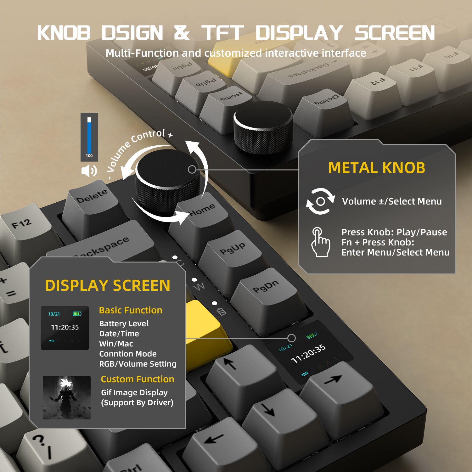 AK820 Pro keyboard knob design and TFT display showing battery and settings