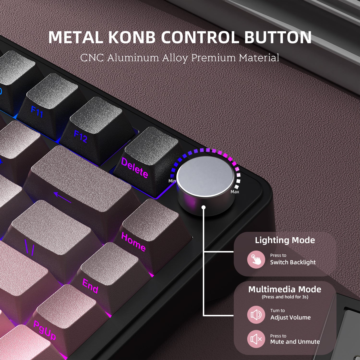 Attack Shark X85 keyboard close-up with CNC aluminum knob for RGB lighting and volume control.