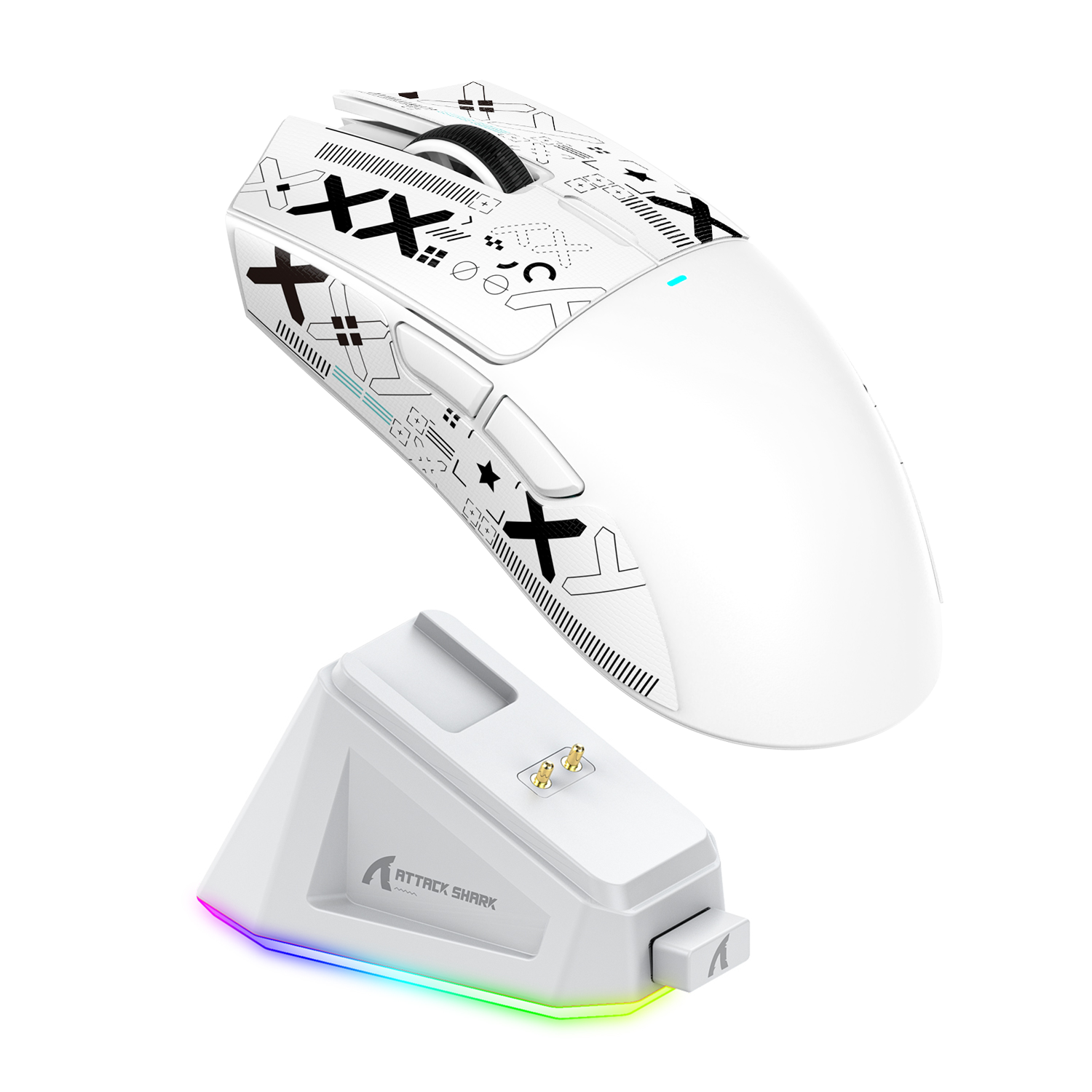 Attack Shark X11 Wireless Gaming Mouse in white with RGB charging dock