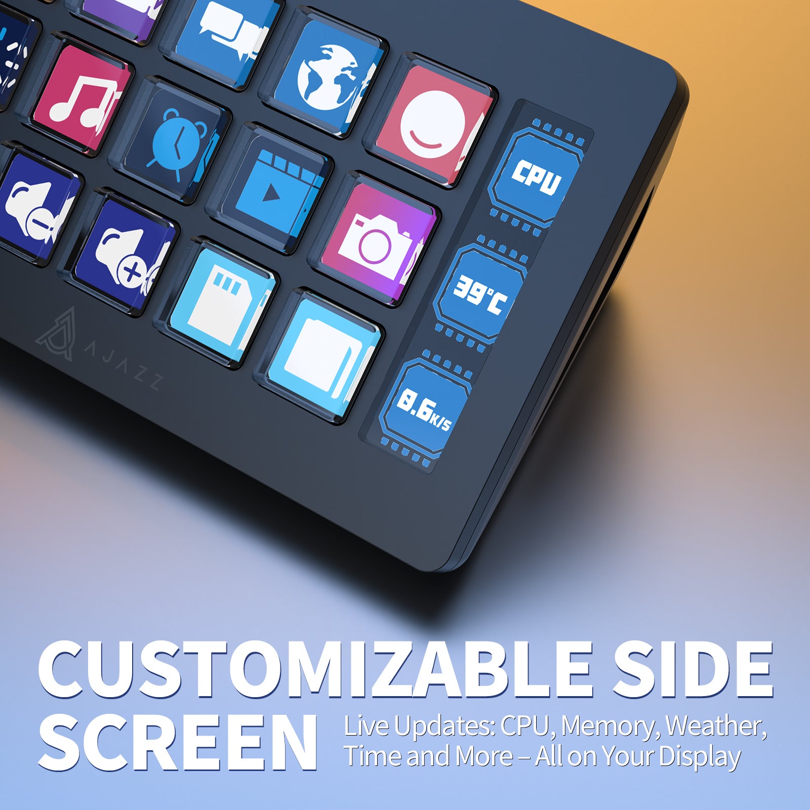 AJAZZ AKP153 Stream Deck with customizable side screen showing CPU and memory stats.