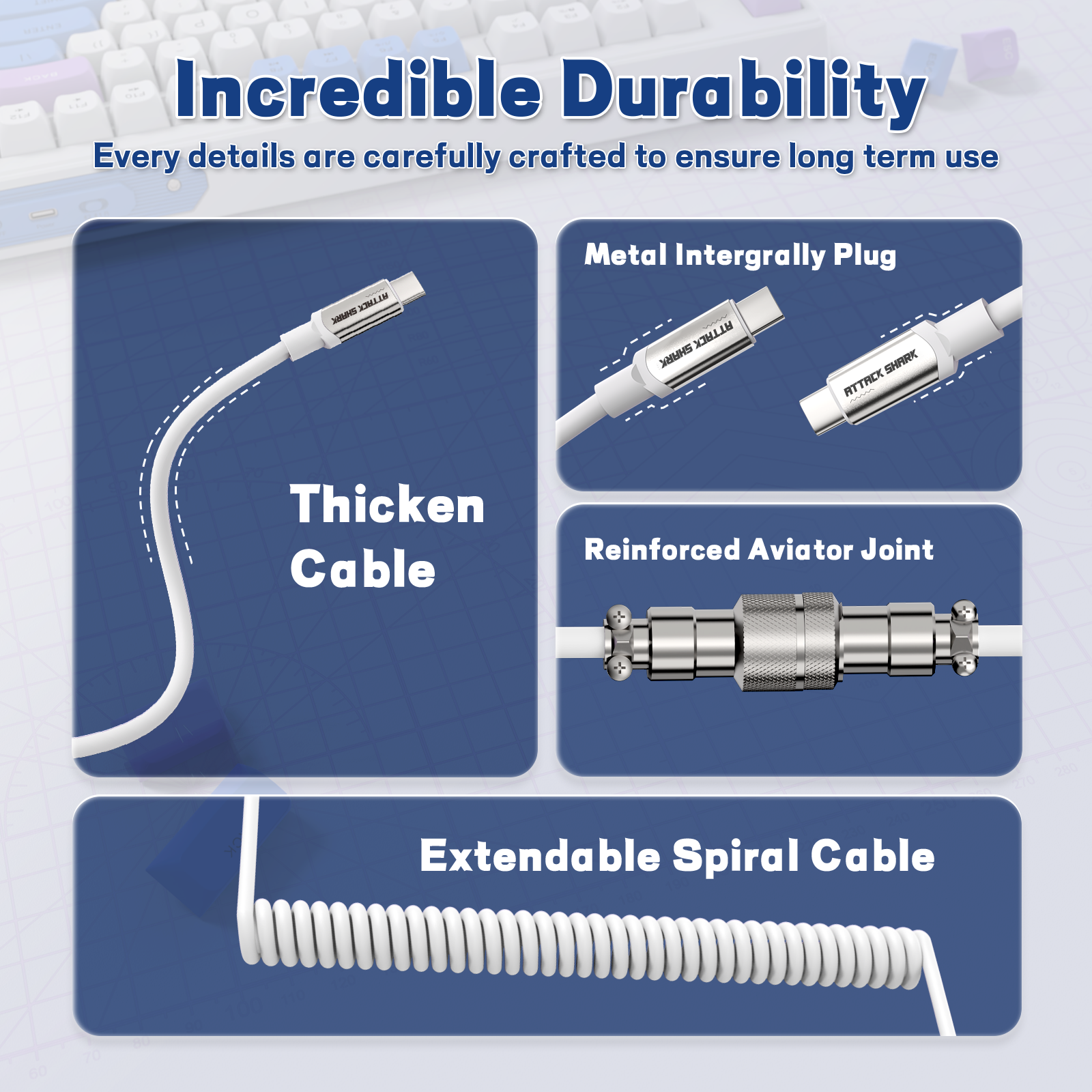 Features of C04-C coiled keyboard cable highlighting durability and extendable design.