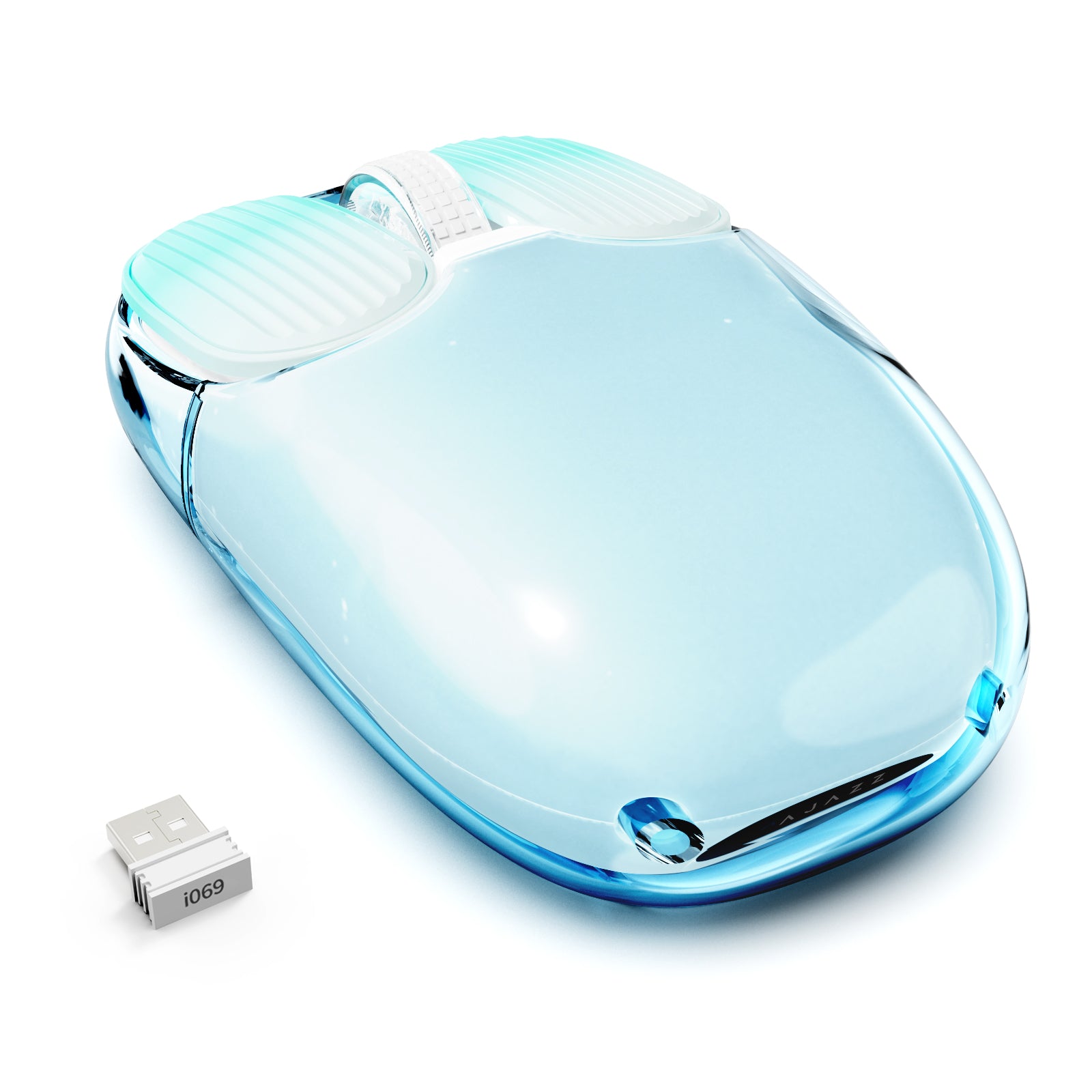 Attack Shark I069 Mini Wireless Mouse in blue with USB receiver, highlighting sleek design.