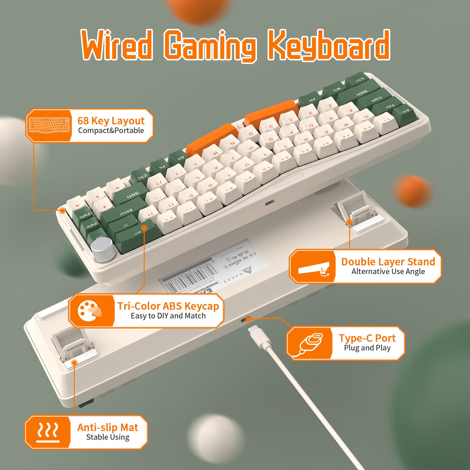 Wired gaming keyboard featuring 68-key layout, Tri-Color ABS keycap, Type-C port, and double-layer stand.