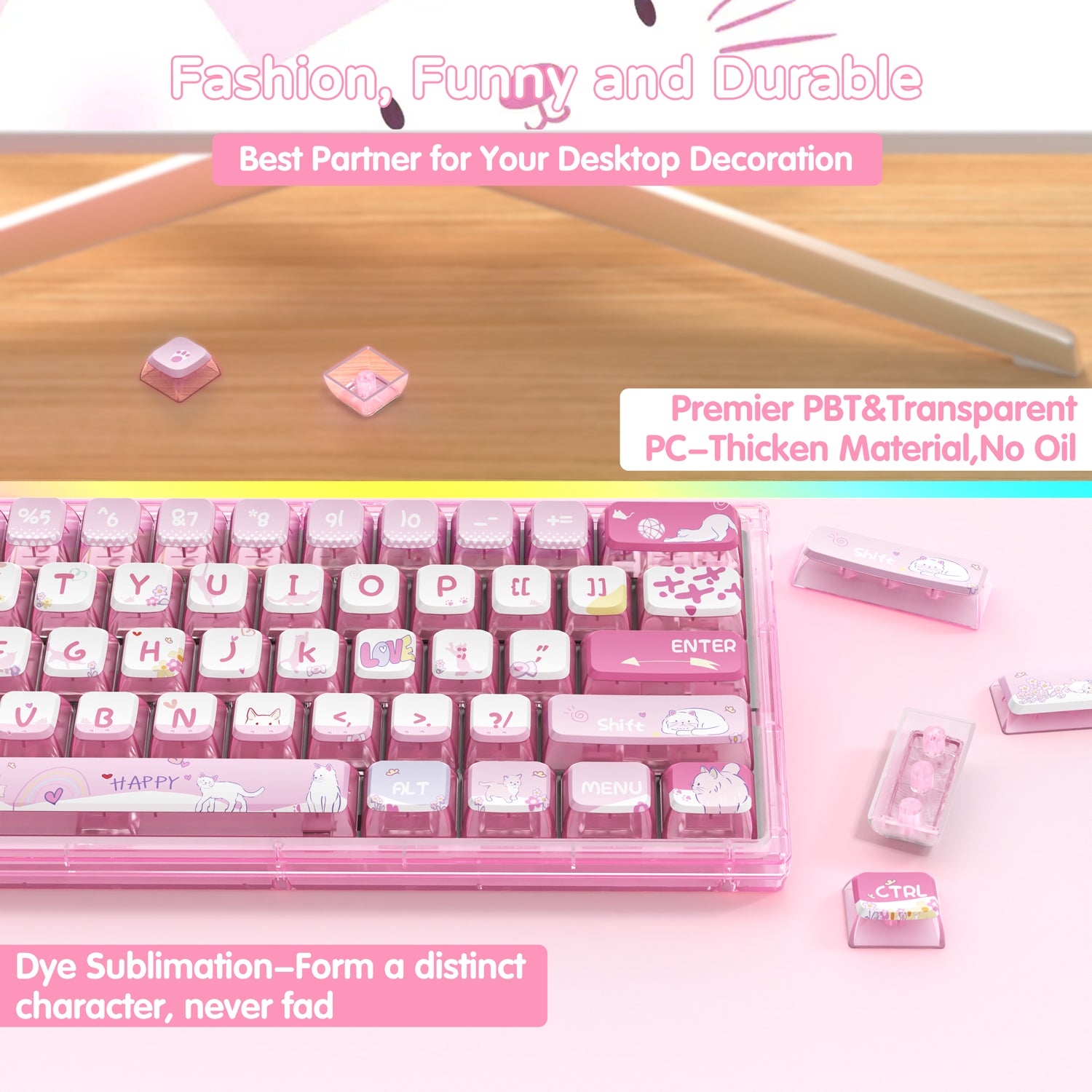 Pink kawaii mechanical keyboard with cute cat keycaps, durable and stylish design.