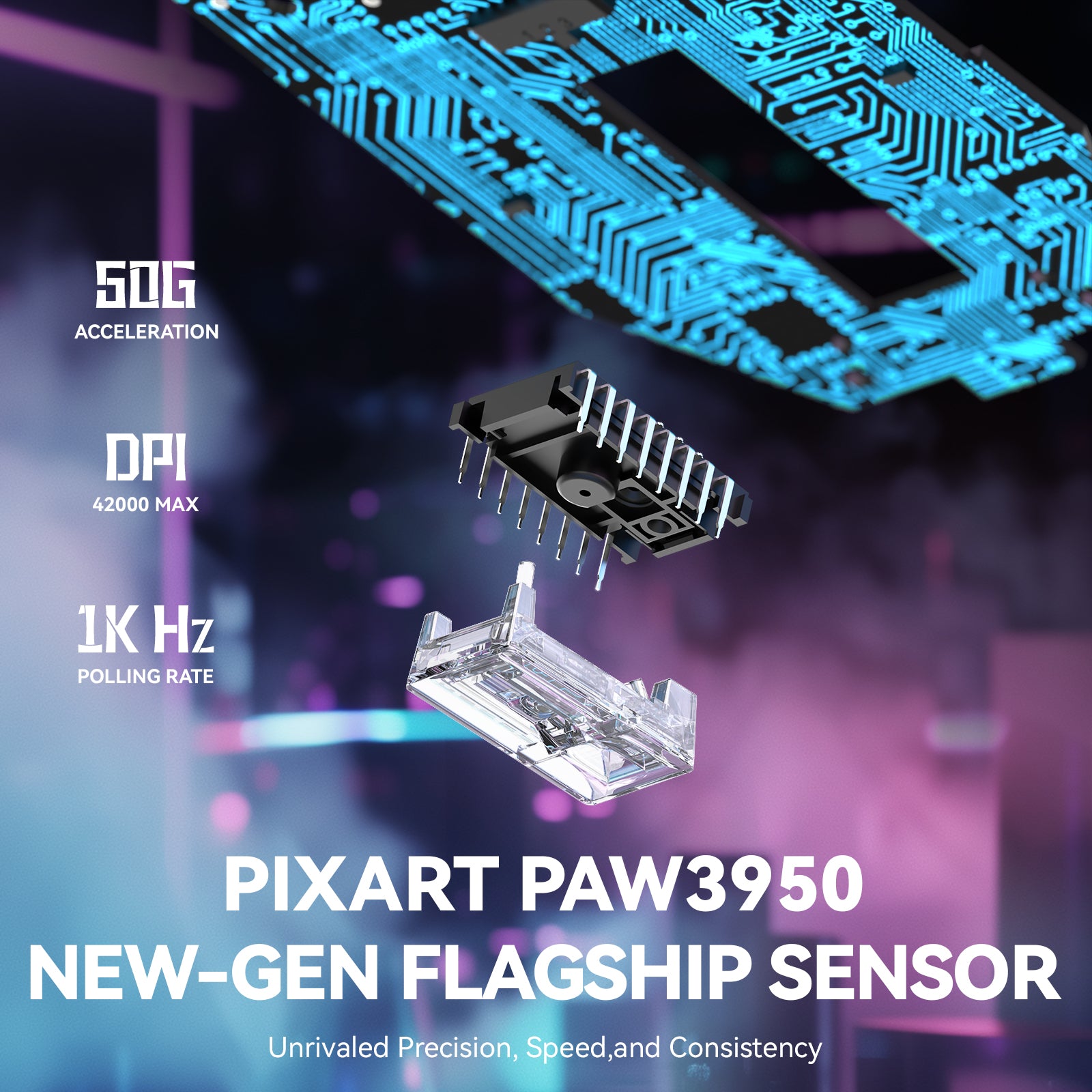 PixArt PAW3950 gaming sensor with specifications for high-performance gaming.