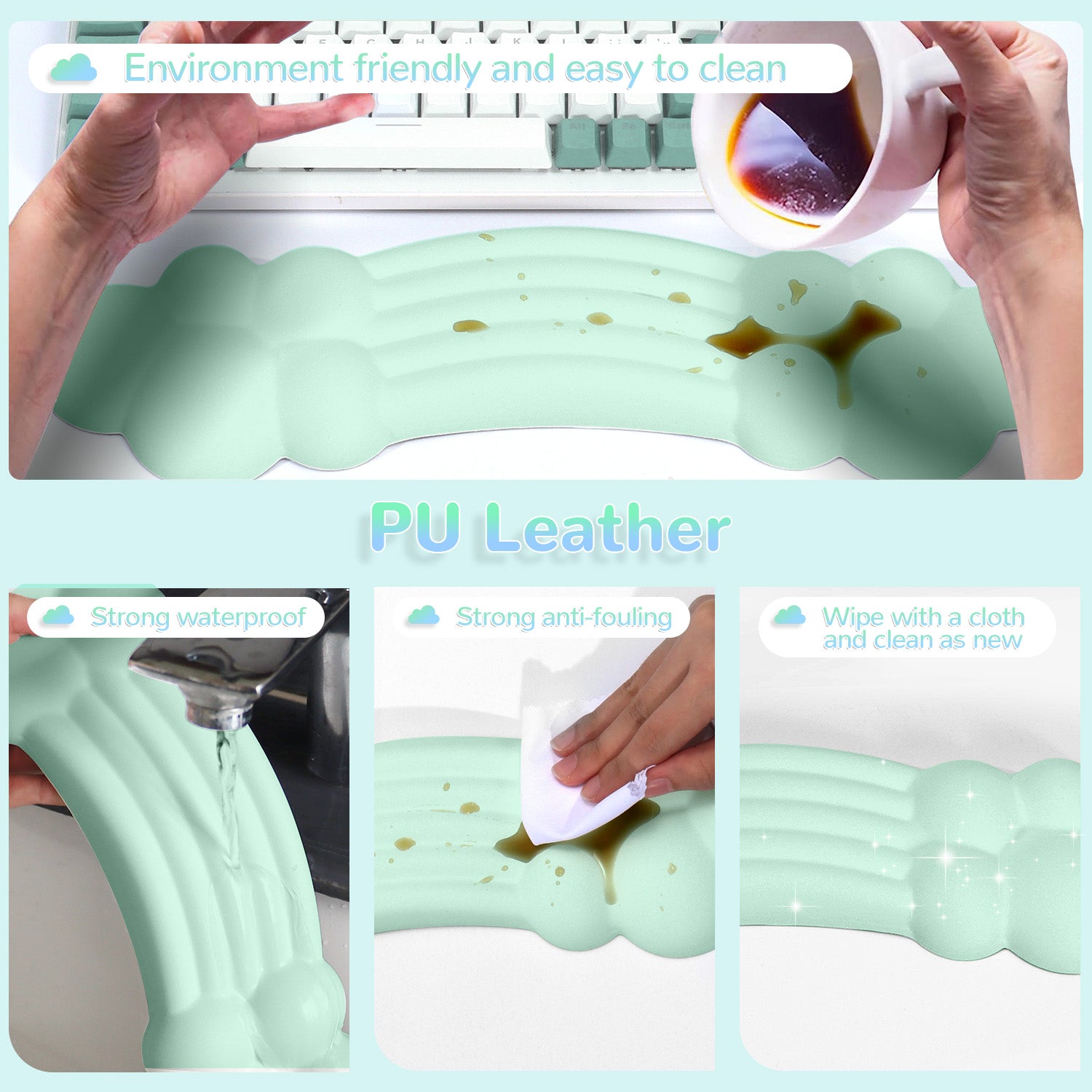 Mint green rainbow cloud wrist rest demonstrating easy cleaning and waterproof features.