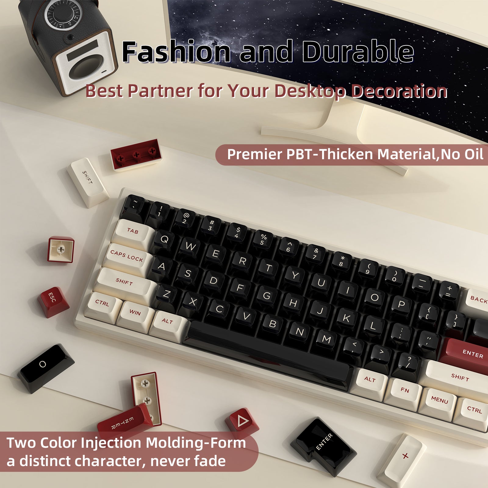 Premium black and cream PBT keycaps set with red modifiers for mechanical keyboards.