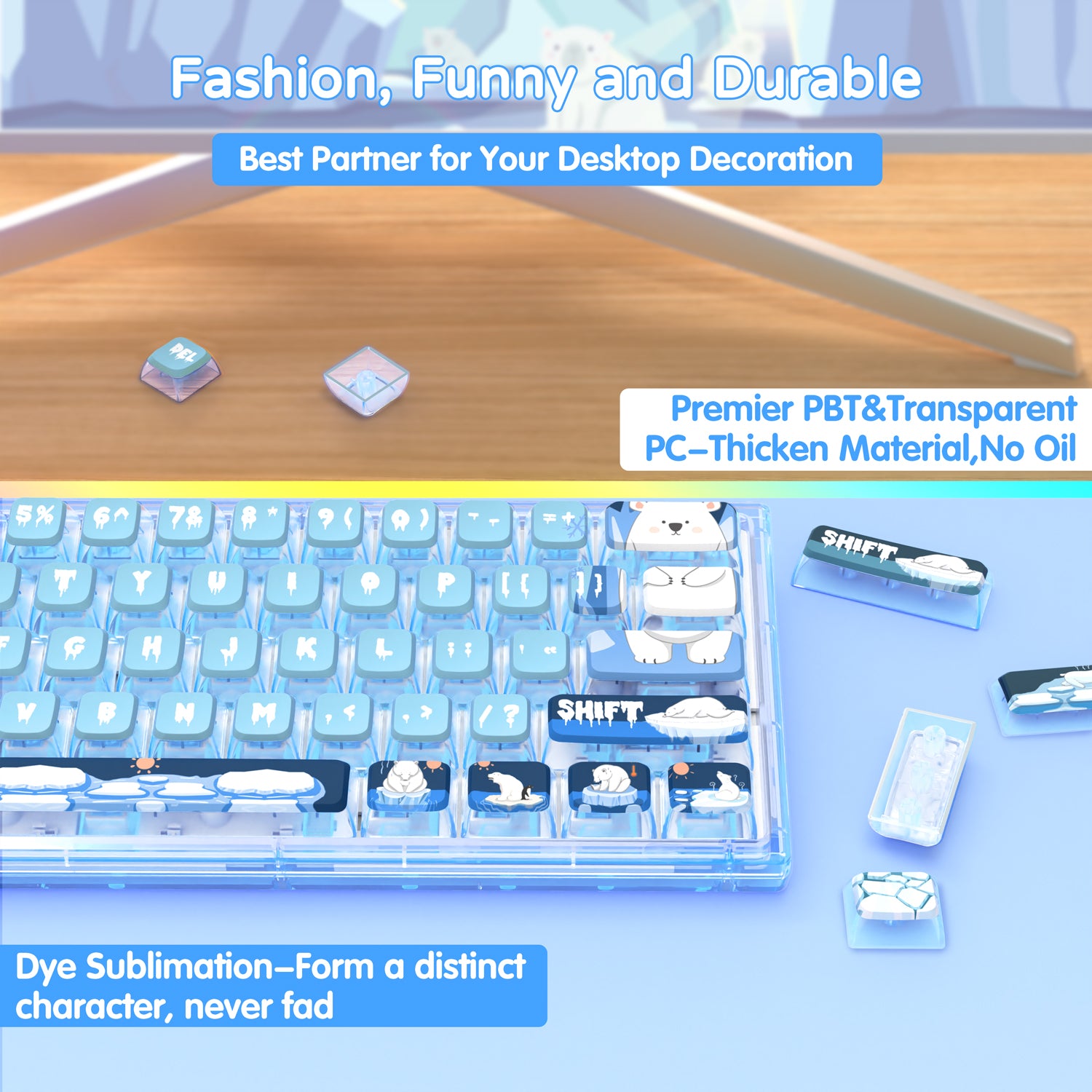 Clear mechanical keyboard with ocean-themed clear keycaps, sea creatures and die-sublimation design.