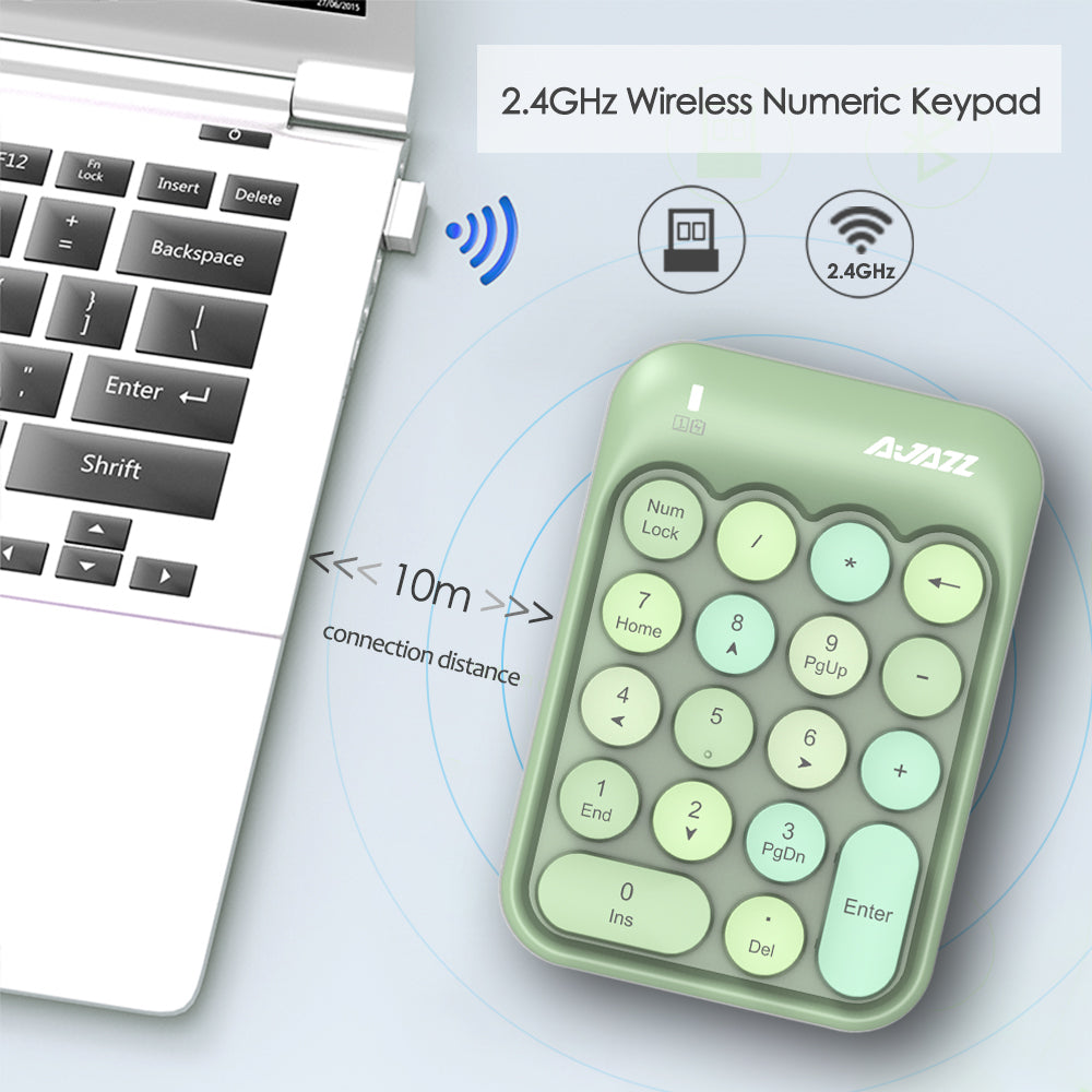 Light green 2.4GHz wireless numeric keypad illustrating 10m connection distance.