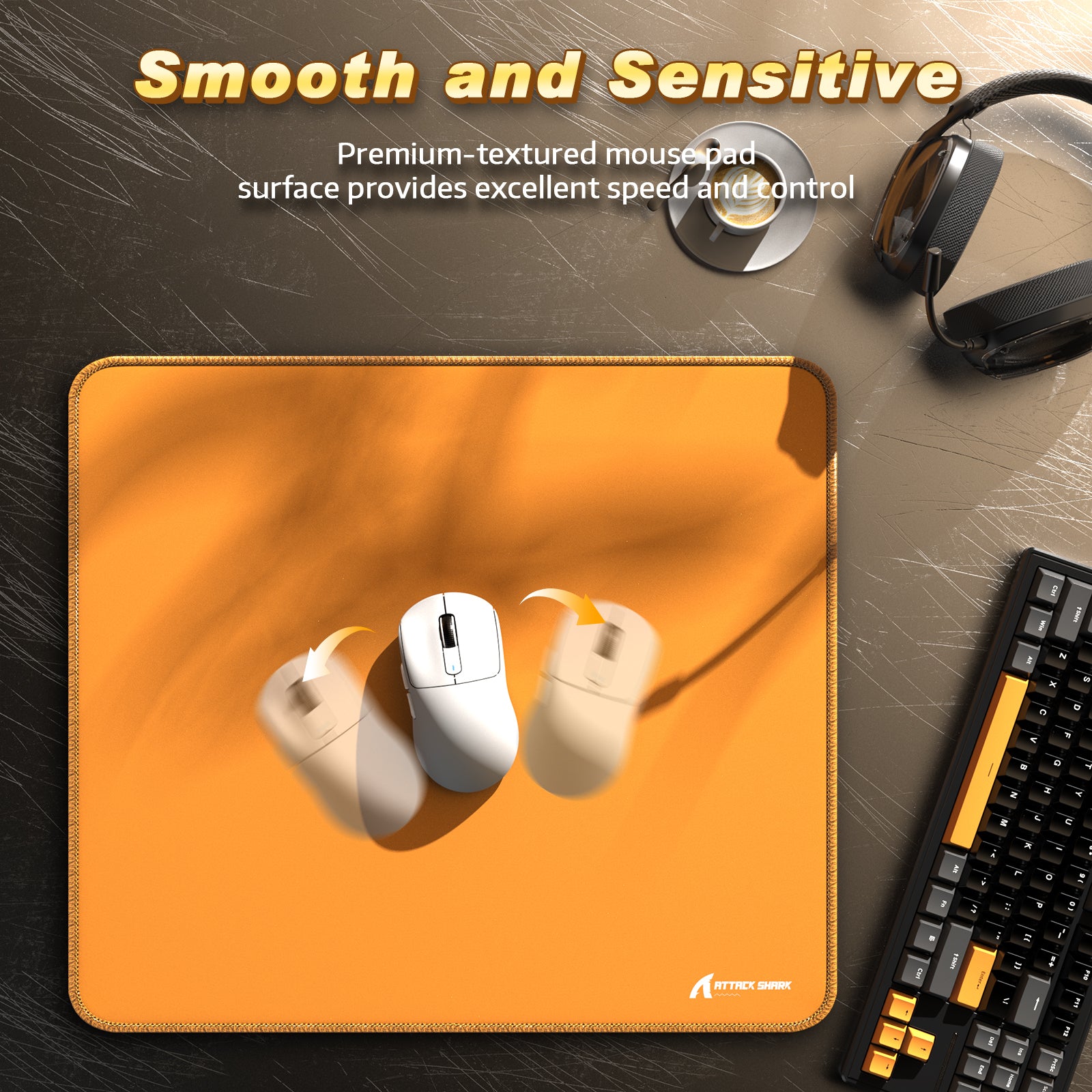 Premium orange gaming mouse pad with mouse, showcasing smooth, sensitive surface.