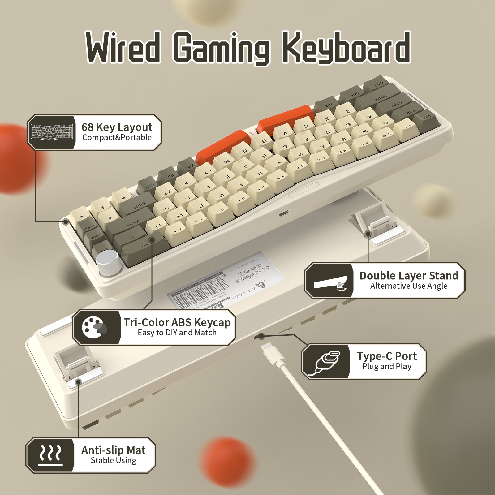 Wired gaming keyboard with 68 key layout, Tri-Color ABS keycap, and Type-C port.