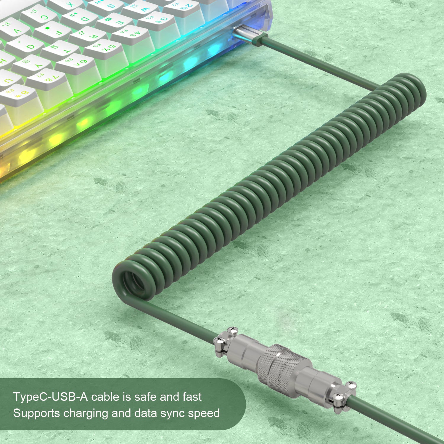 Green coiled USB-C keyboard cable with aviation connector and USB-A end for fast charging.