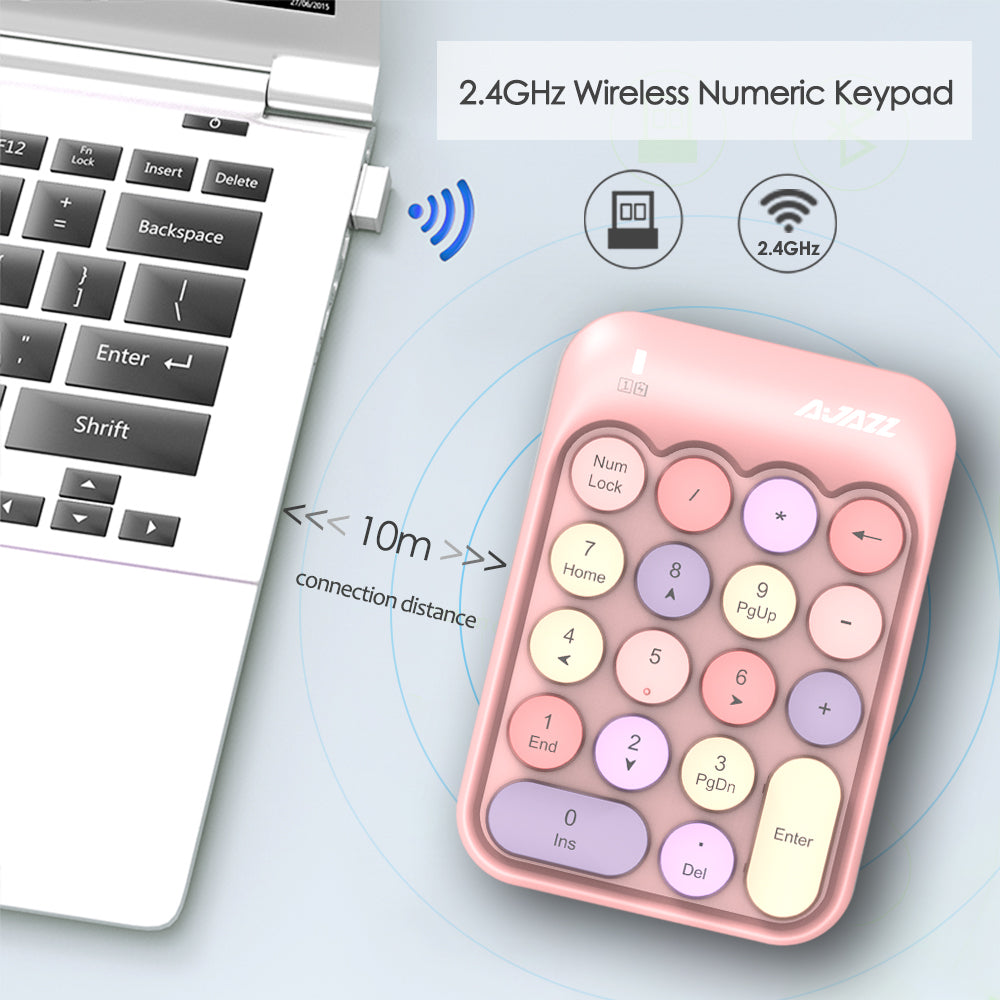 AJAZZ AK18 pink wireless numeric keypad next to laptop, highlighting 10m wireless range.