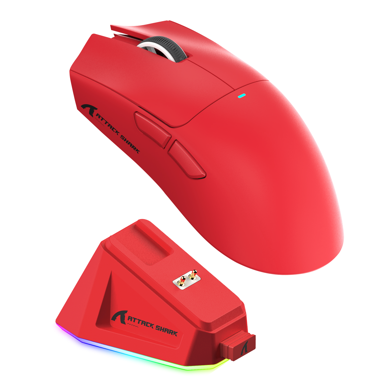 Red Attack Shark X11 Wireless Gaming Mouse with RGB charging dock side view