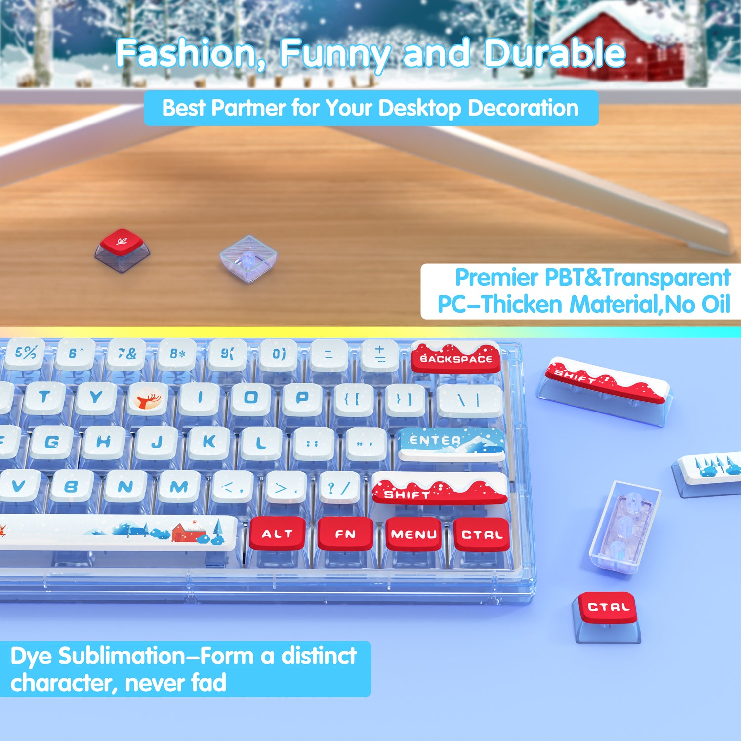 Clear mechanical keyboard with winter-themed transparent keycaps and festive designs.