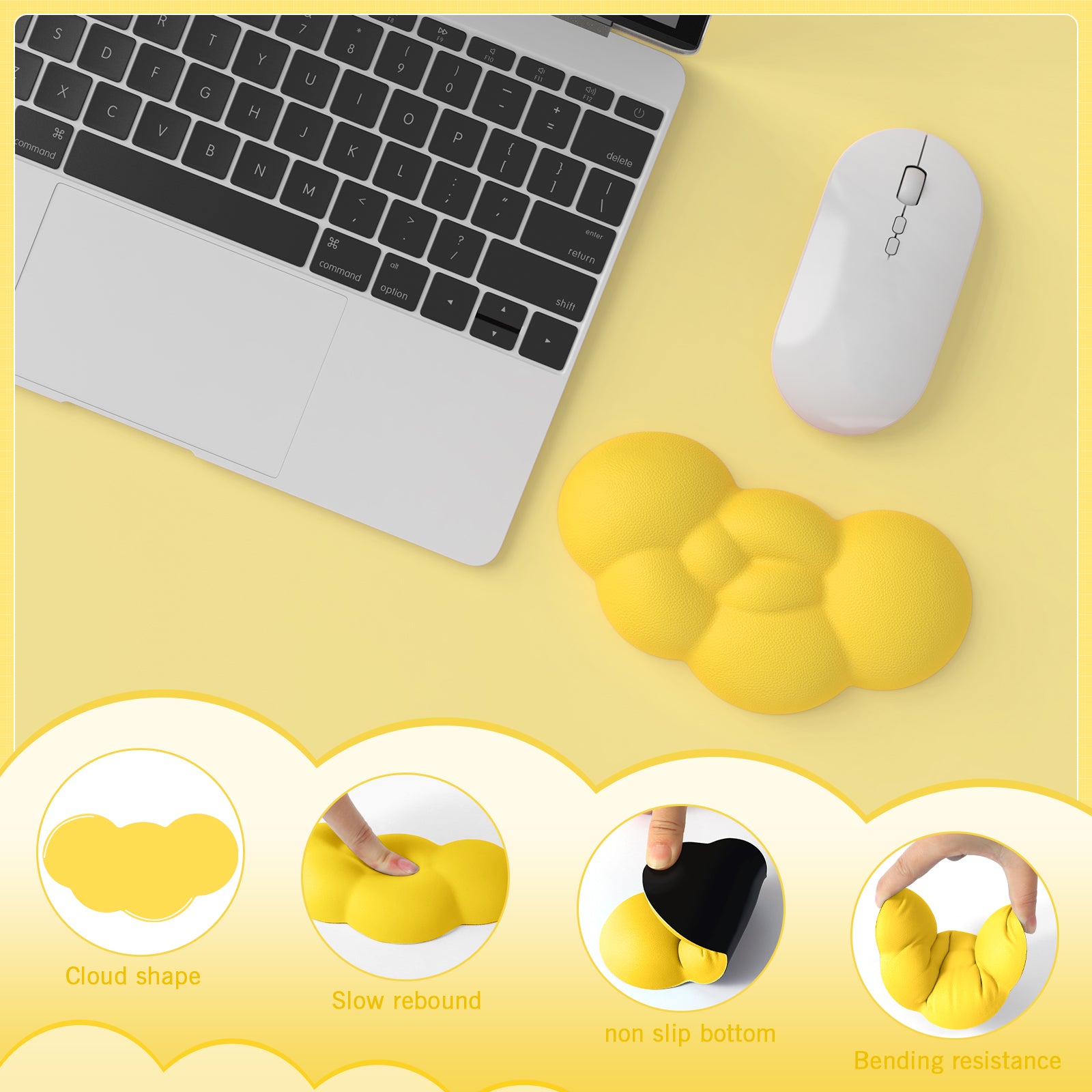 Yellow cloud-shaped wrist rest beside white gaming mouse and laptop on yellow background.