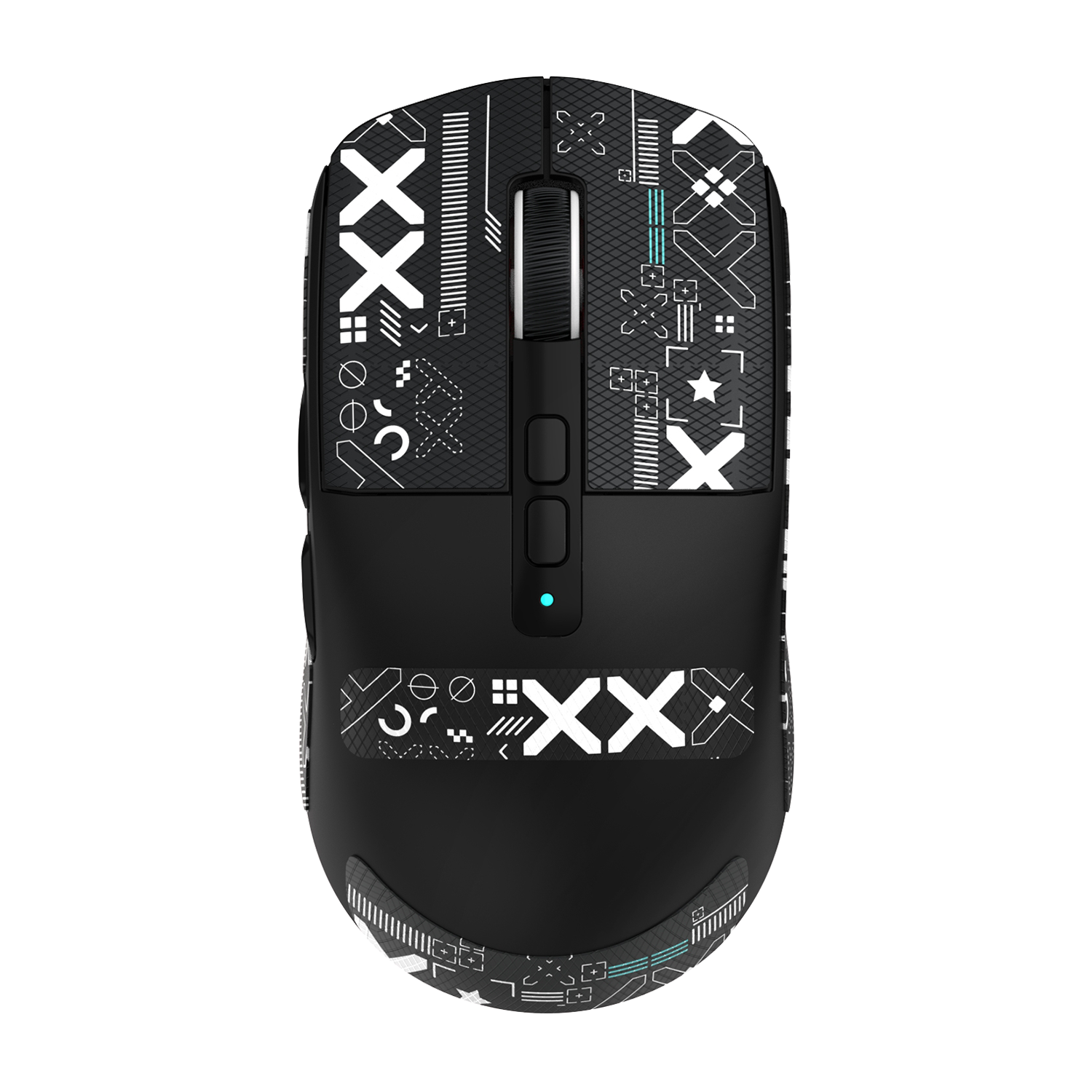 Wireless gaming mouse with black and white geometric grip tape for improved control.