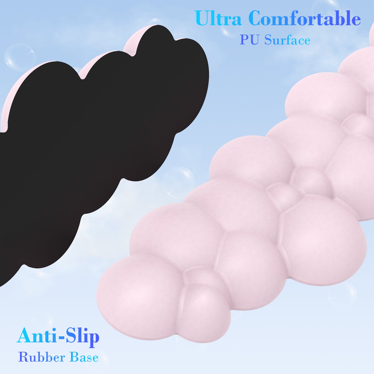 Black and pink cloud-shaped wrist rest featuring anti-slip base and soft PU surface.