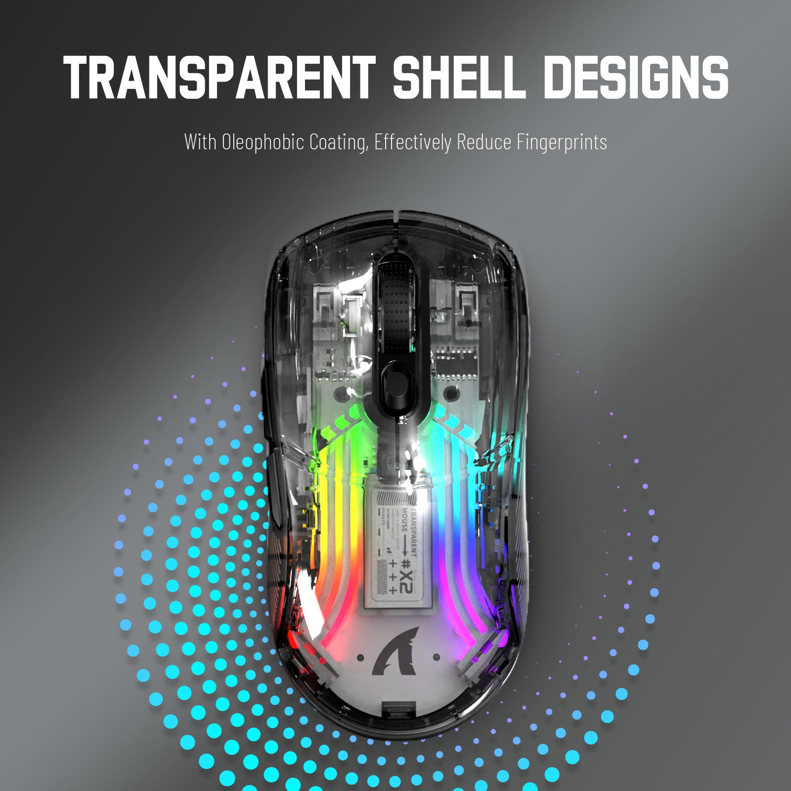 Attack Shark X2 mouse with transparent shell and RGB lighting, featuring anti-fingerprint coating.