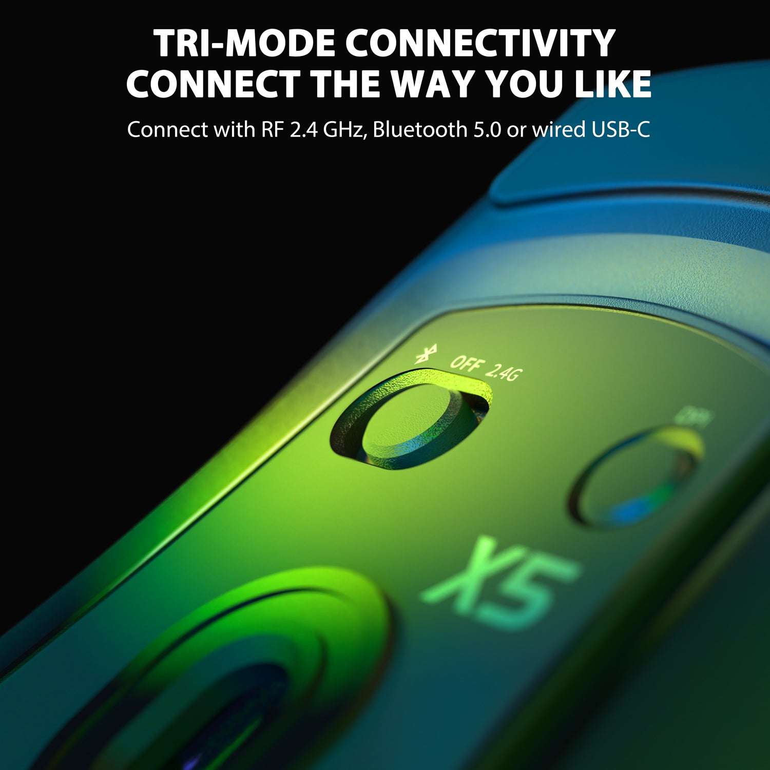 Tri-mode connectivity options for Attack Shark X5 wireless gaming mouse: RF, Bluetooth, USB-C.