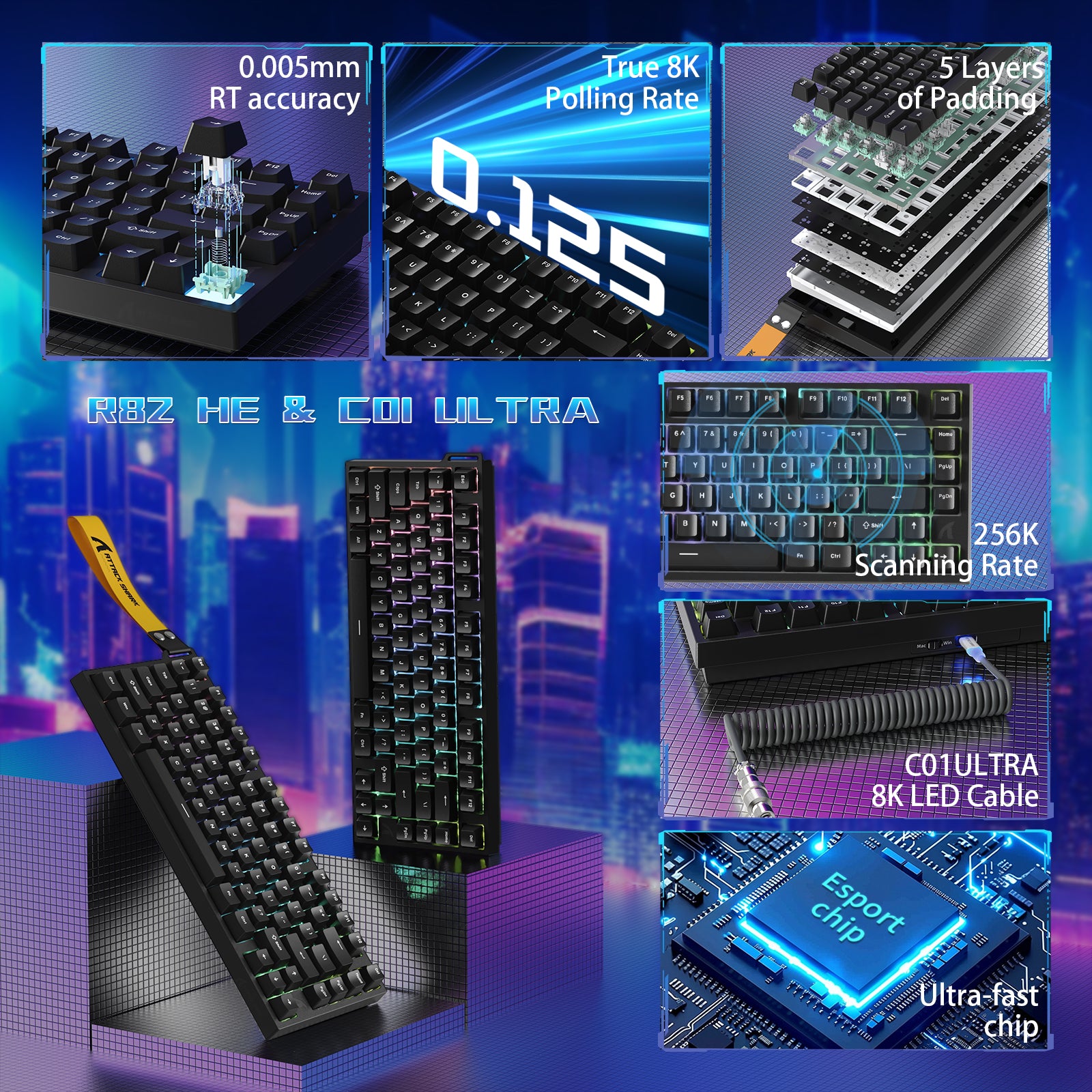 Teclado para juegos con cable ATTACK SHARK R82 HE (75%) y cable LED C01ULTRA